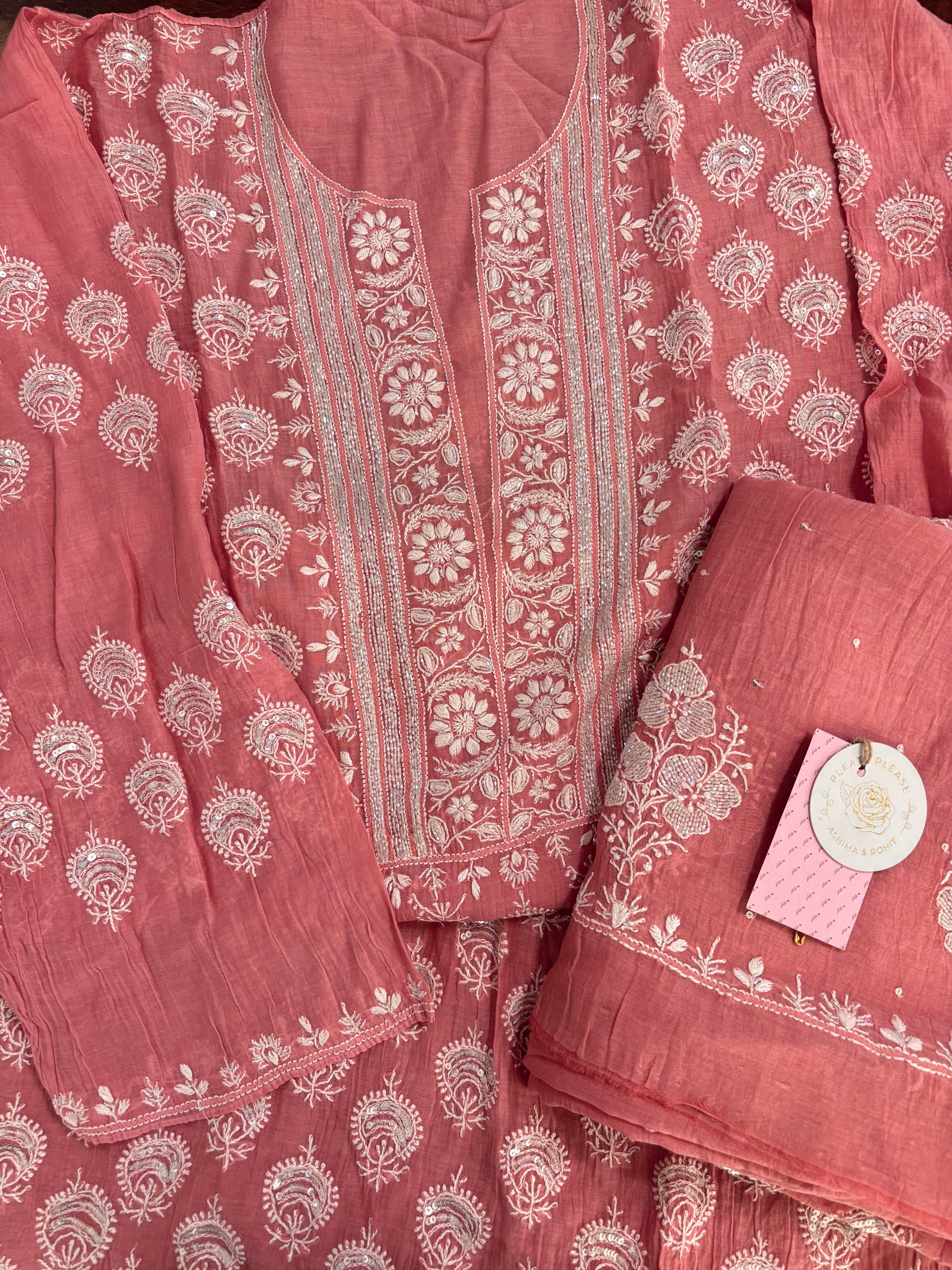 Peach Chanderi Mul Chikankari Kurta & Dupatta
