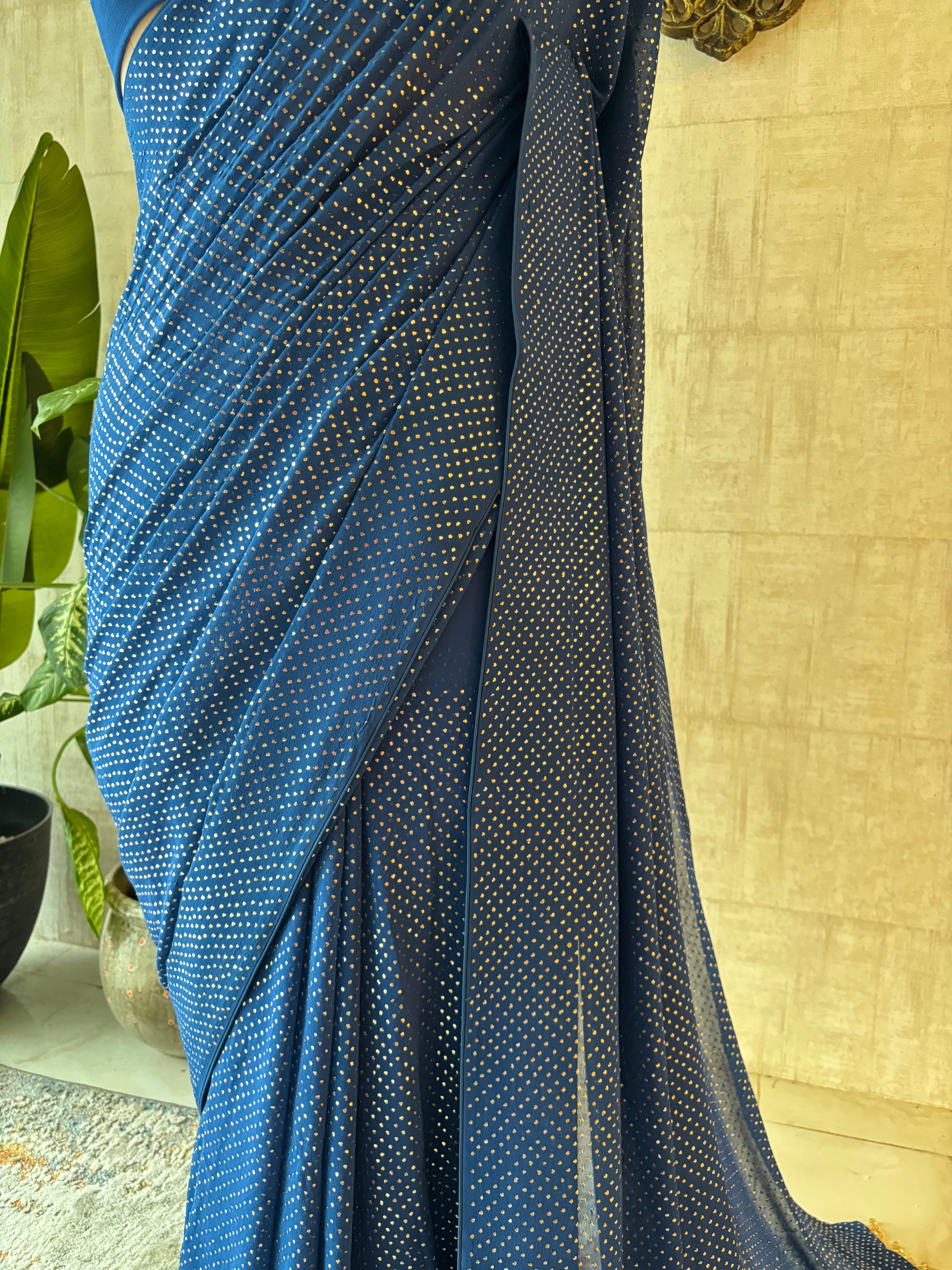 Electric Blue Pure & Premium Georgette Mukaish Saree & Blouse