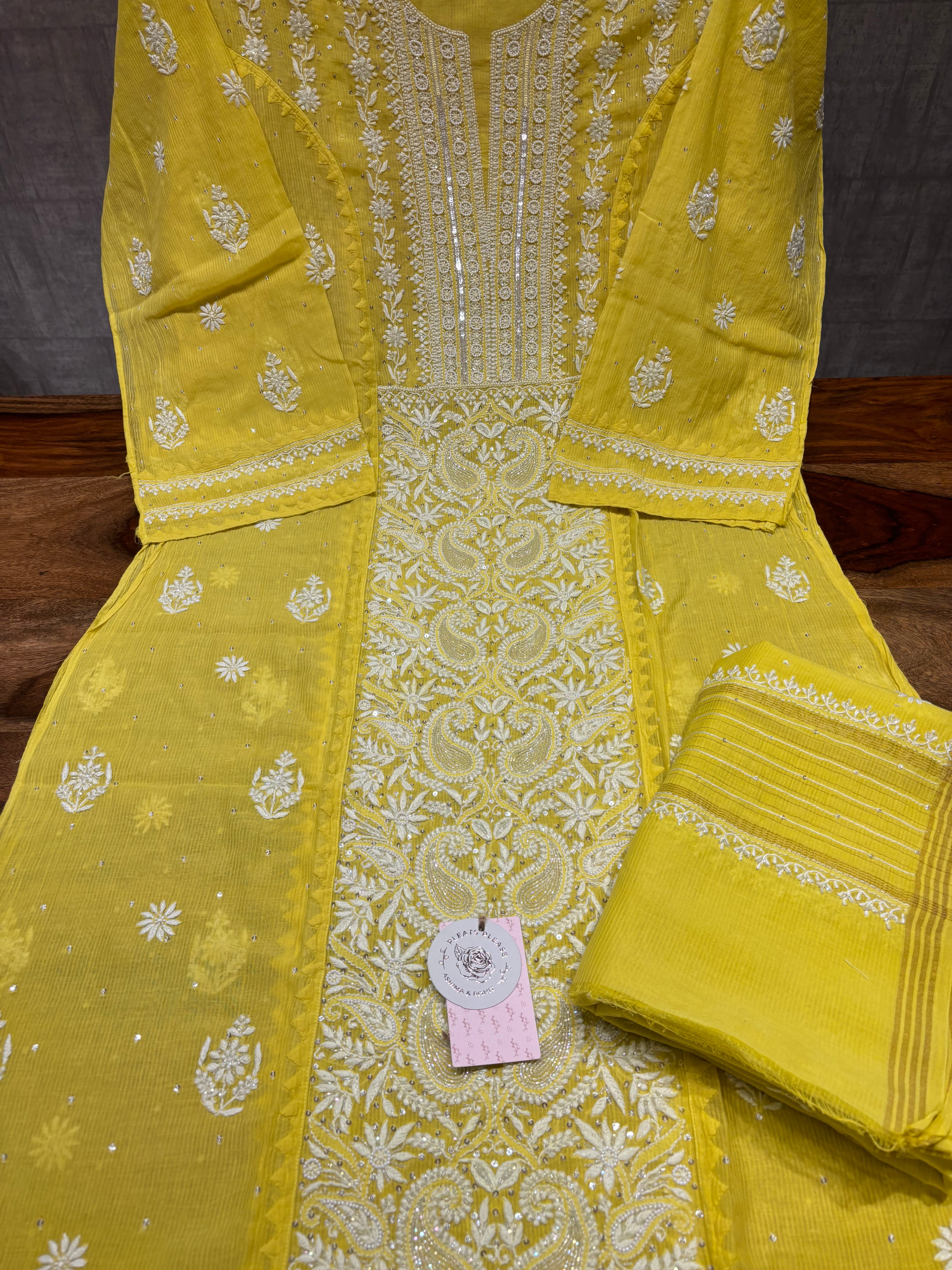 Lime yellow Chanderi Maheshwari Chikankari kurta and Dupatta set