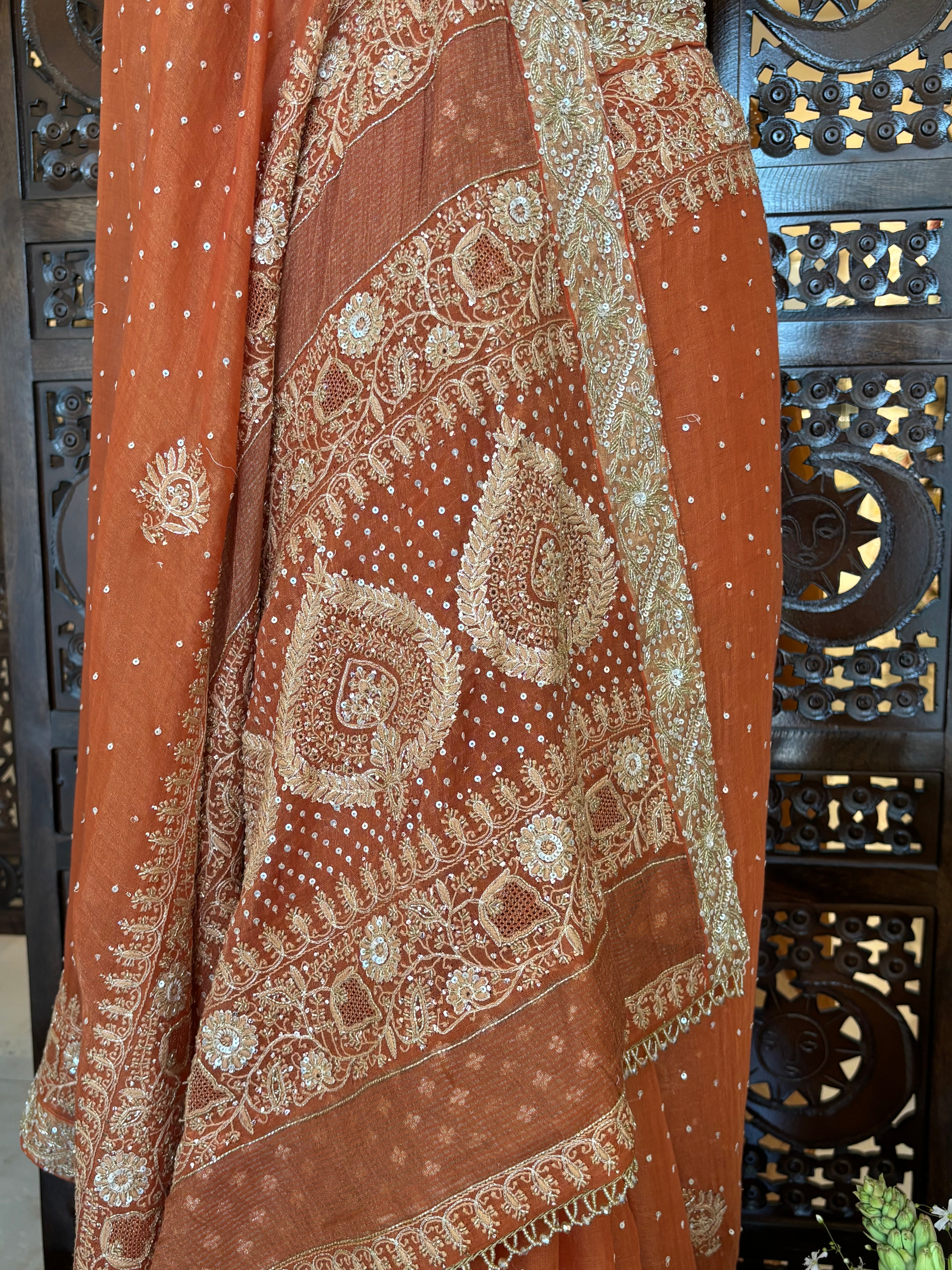 Burnt Orange Pure and Premium Tissue Chikankari Saree and Blouse - Pleats PleaseChikankari