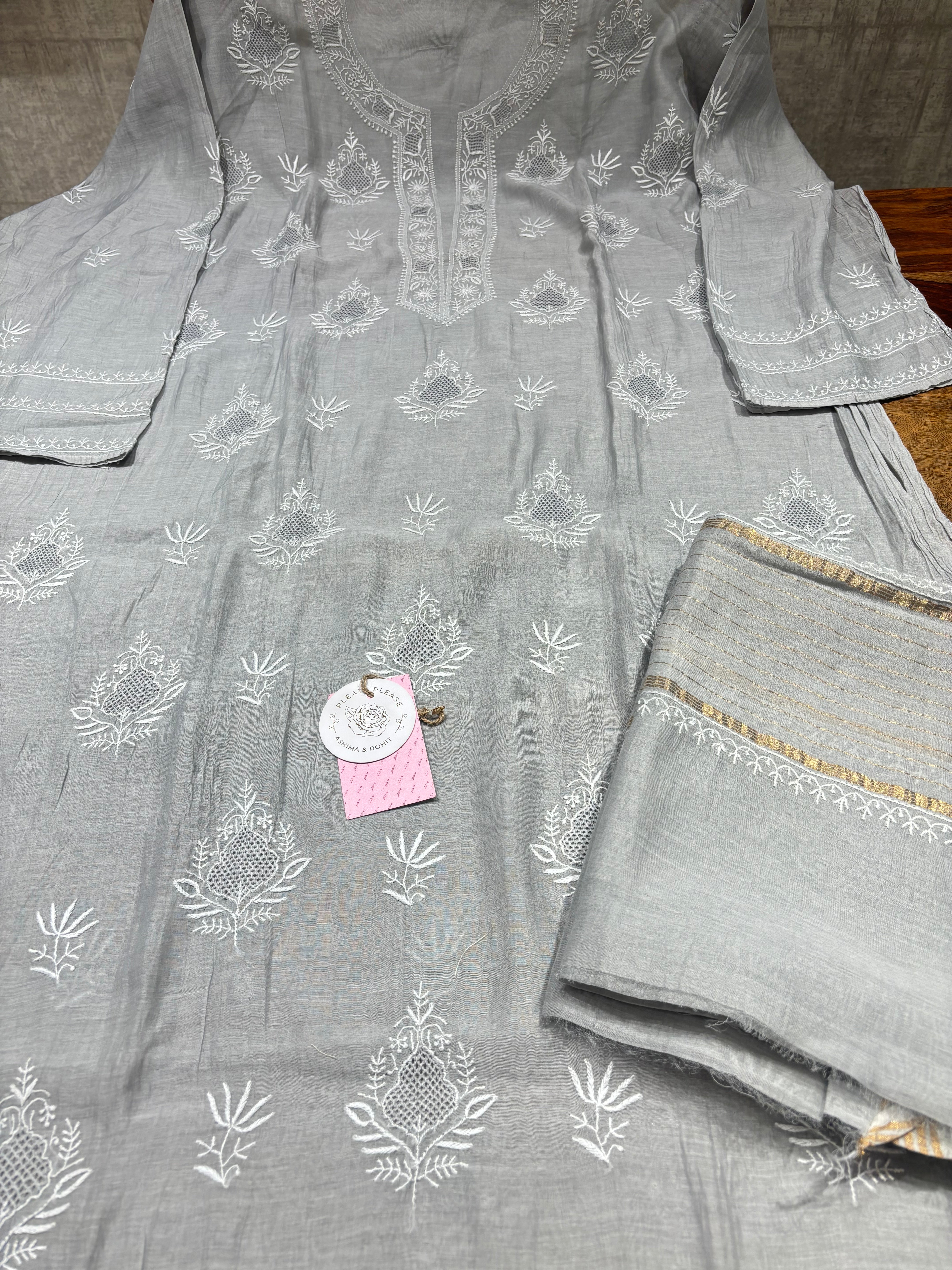 Gray Chanderi Mul Chikankari Kurta & Dupatta Set