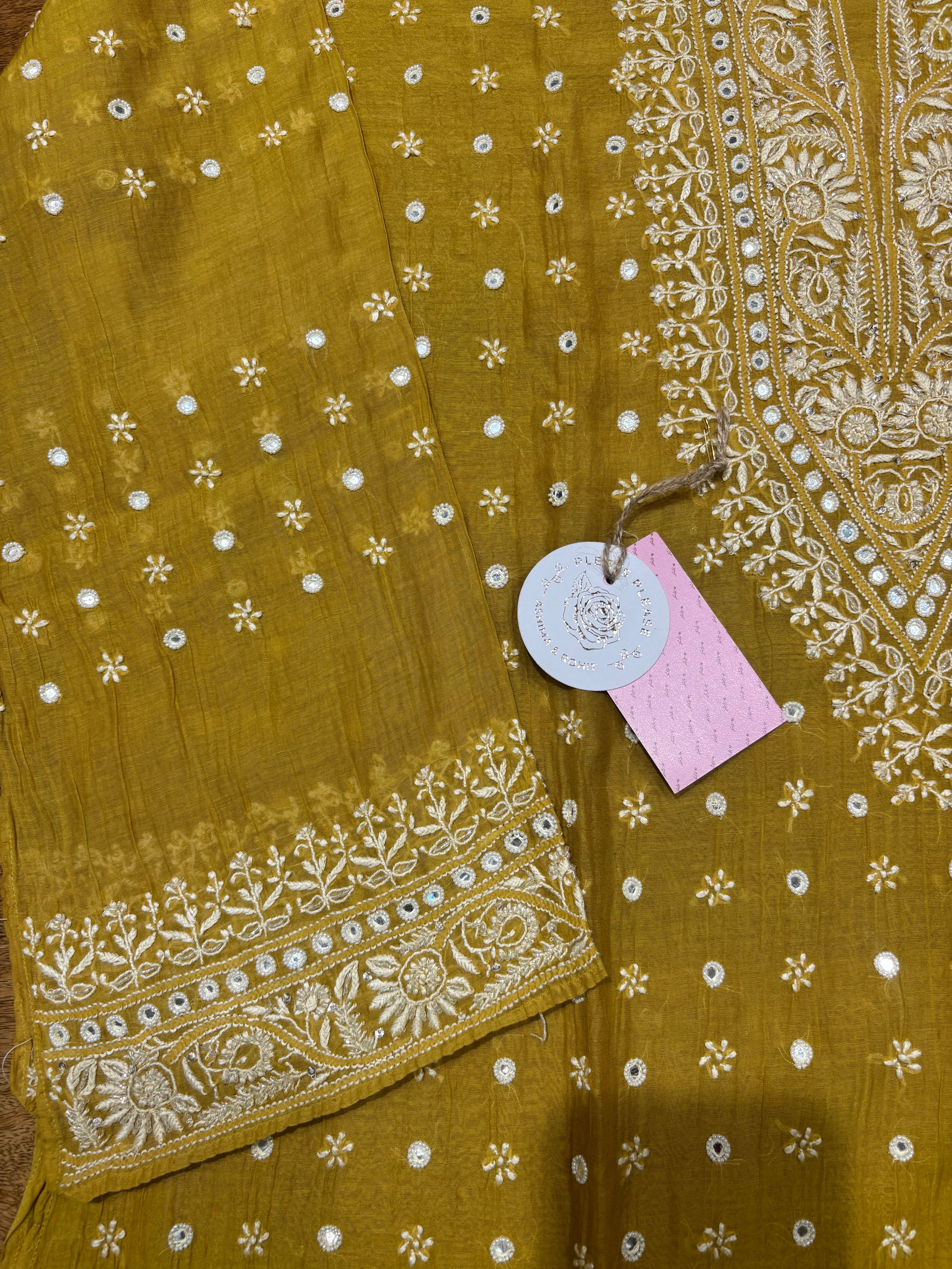 Mustard Chanderi Mul Chikankari Kurta and Dupatta Set