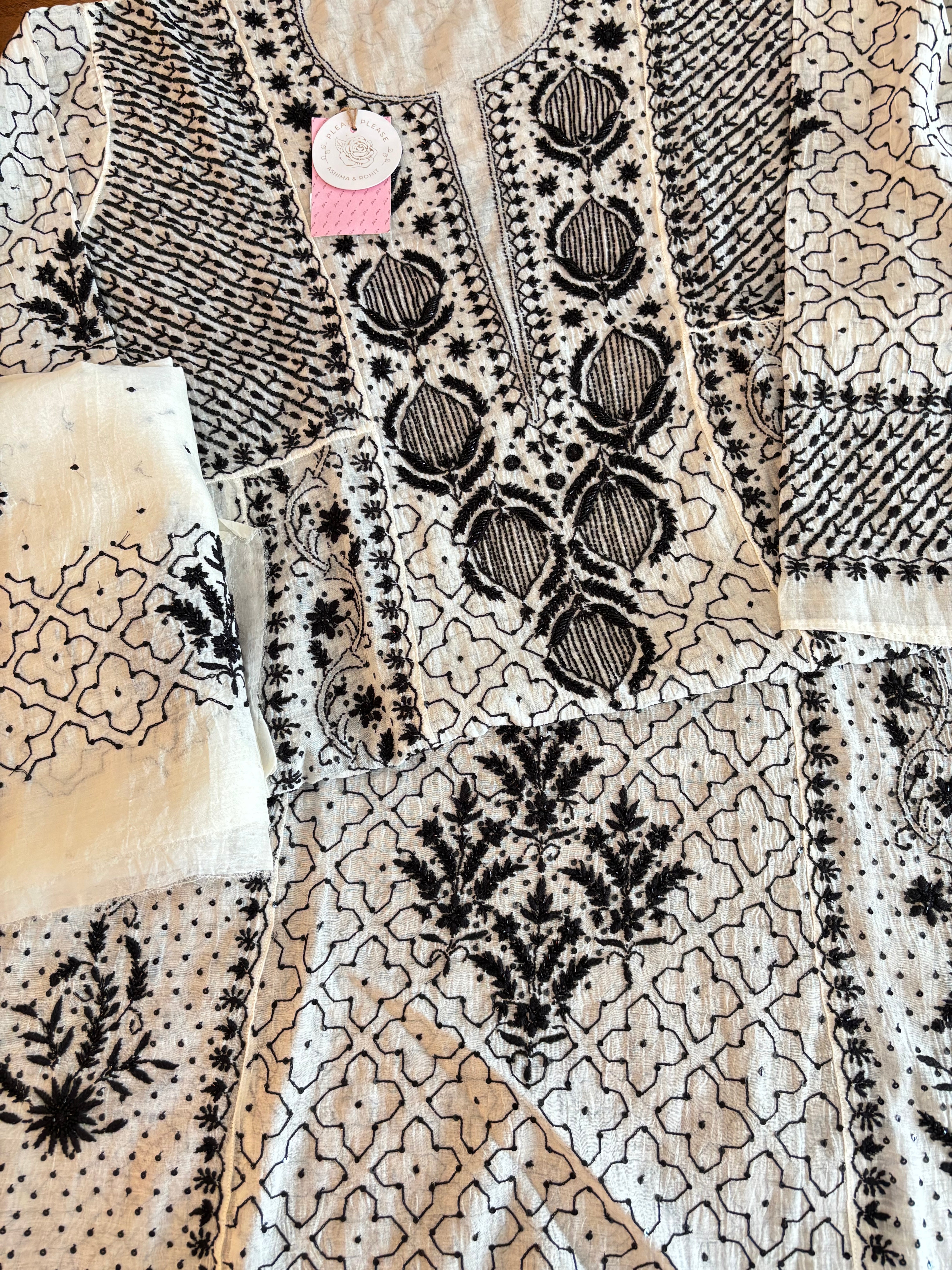 Dyeable Black and White Chanderi Mul Chikankari Anarkali & Dupatta