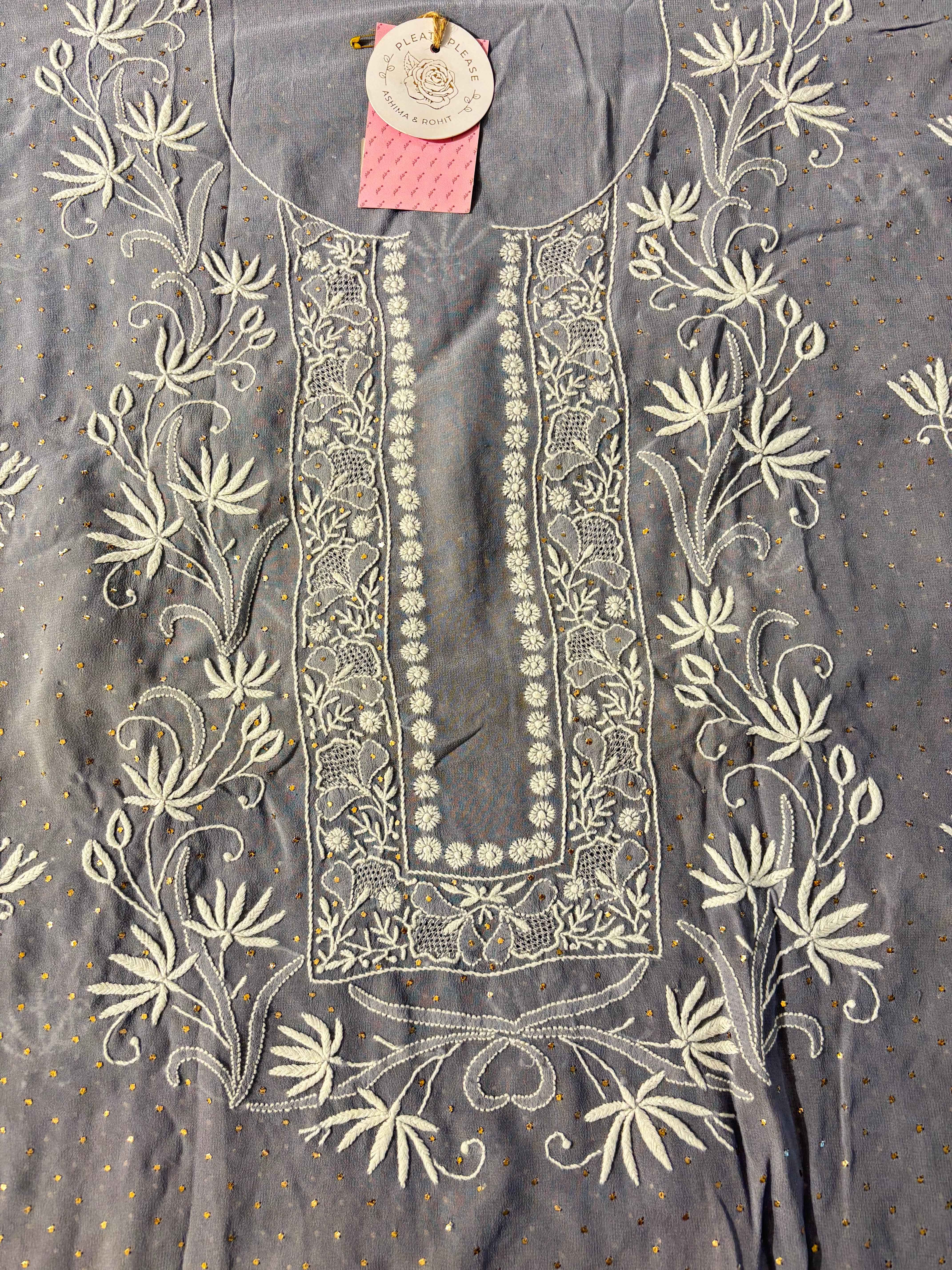 Greyish Powder Blue Georgette Chikankari Kurta & Dupatta