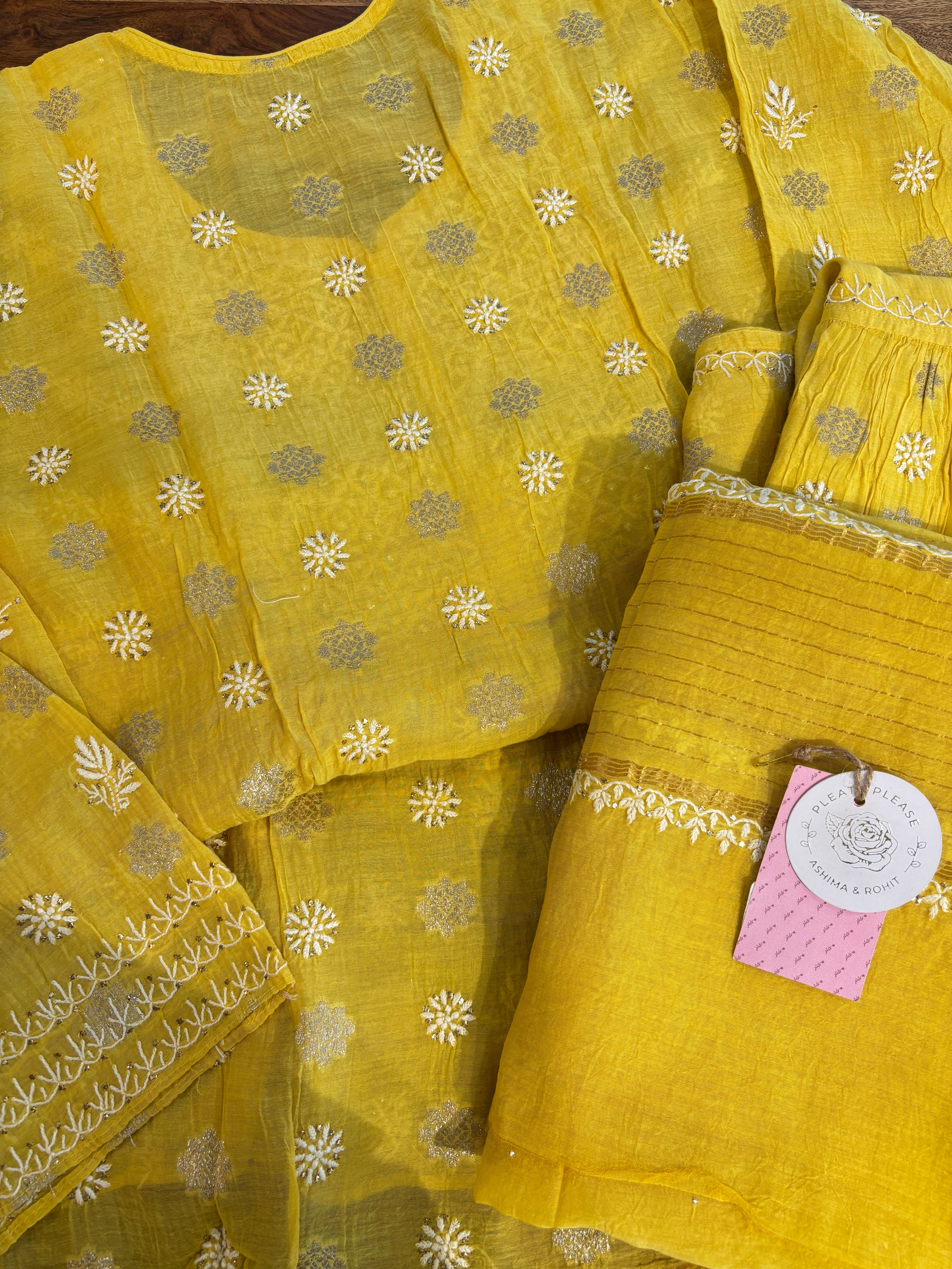 Yellow Chanderi Chikankari Mukaish Kurta, Dupatta & Sharara Set