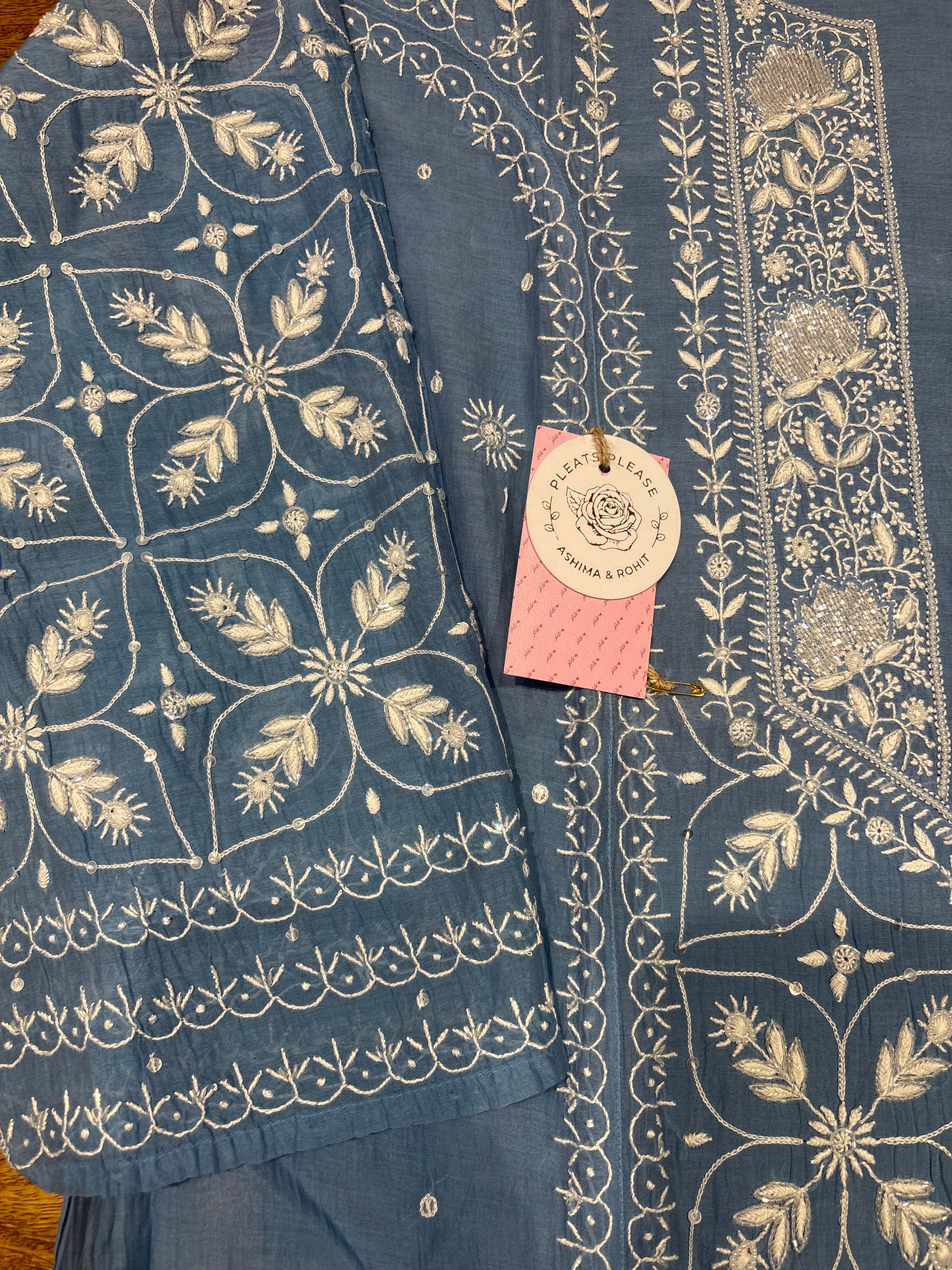 Blue Chanderi Mul Chikankari Kurta and Dupatta Set
