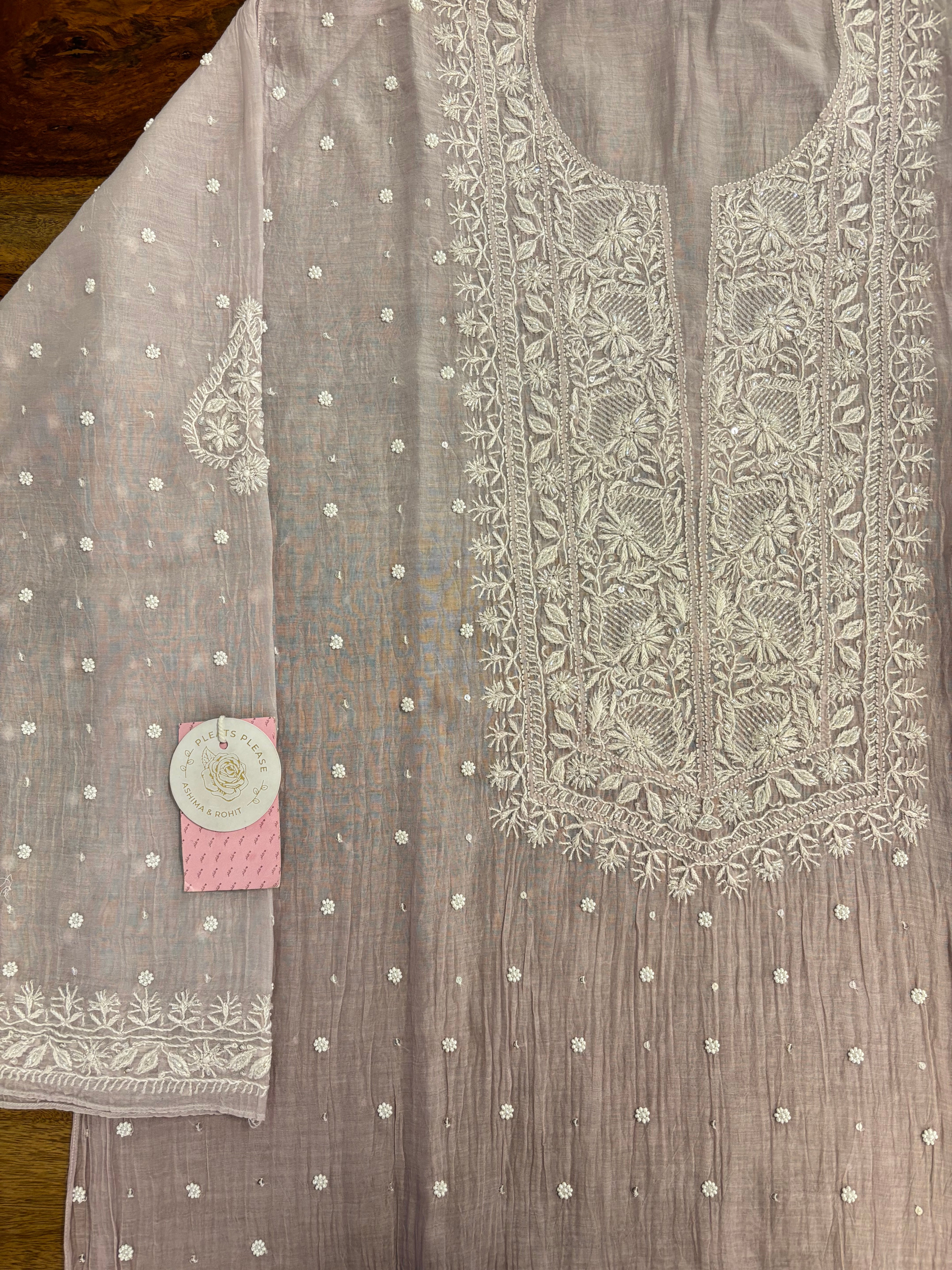 Dusky Lilac Pure Chanderi Ombre Chikankari Kurta & Dupatta Set - Pleats PleaseChikankari