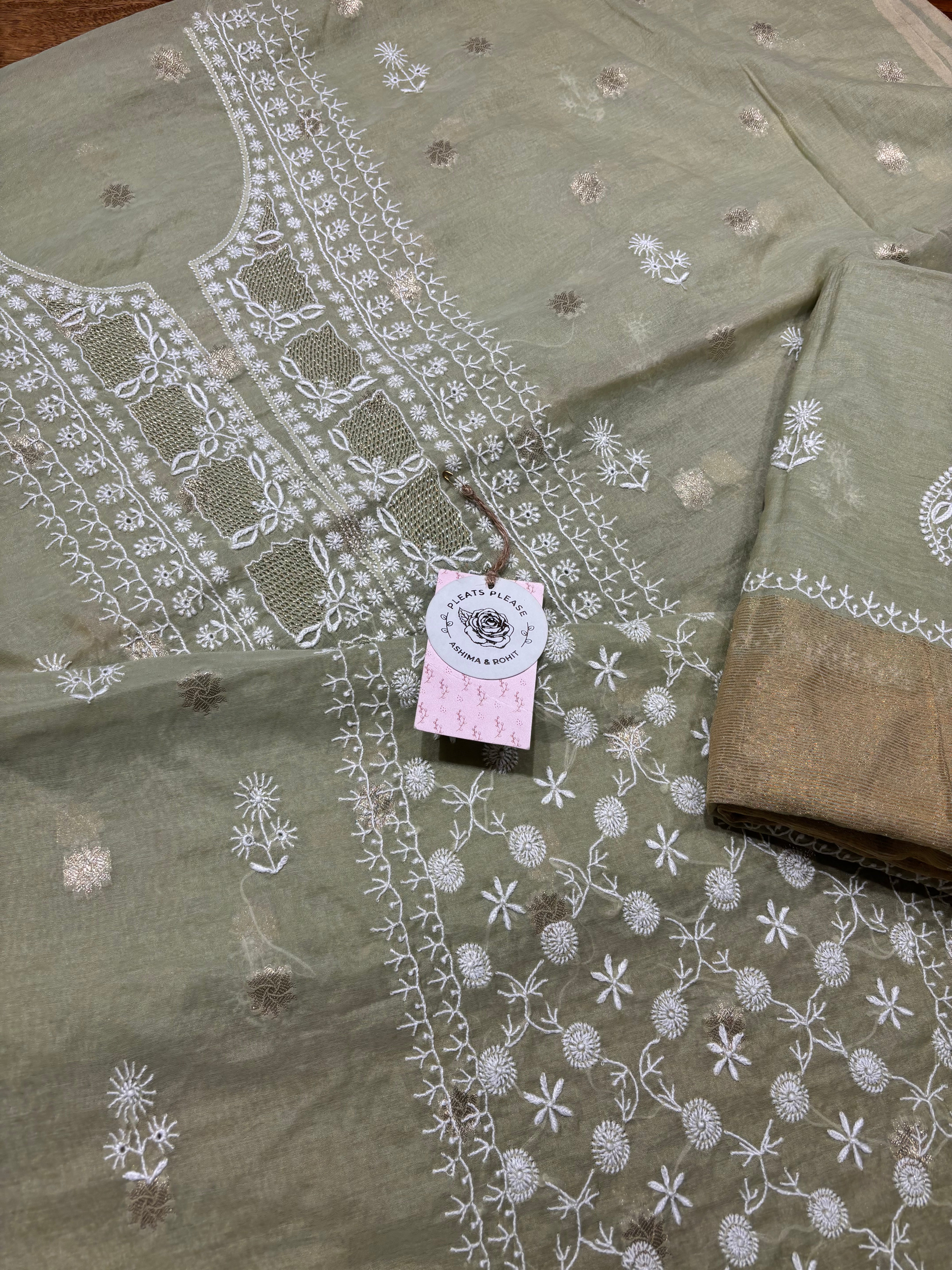 Green Chanderi silk Chikankari Kurta and Dupatta Fabric