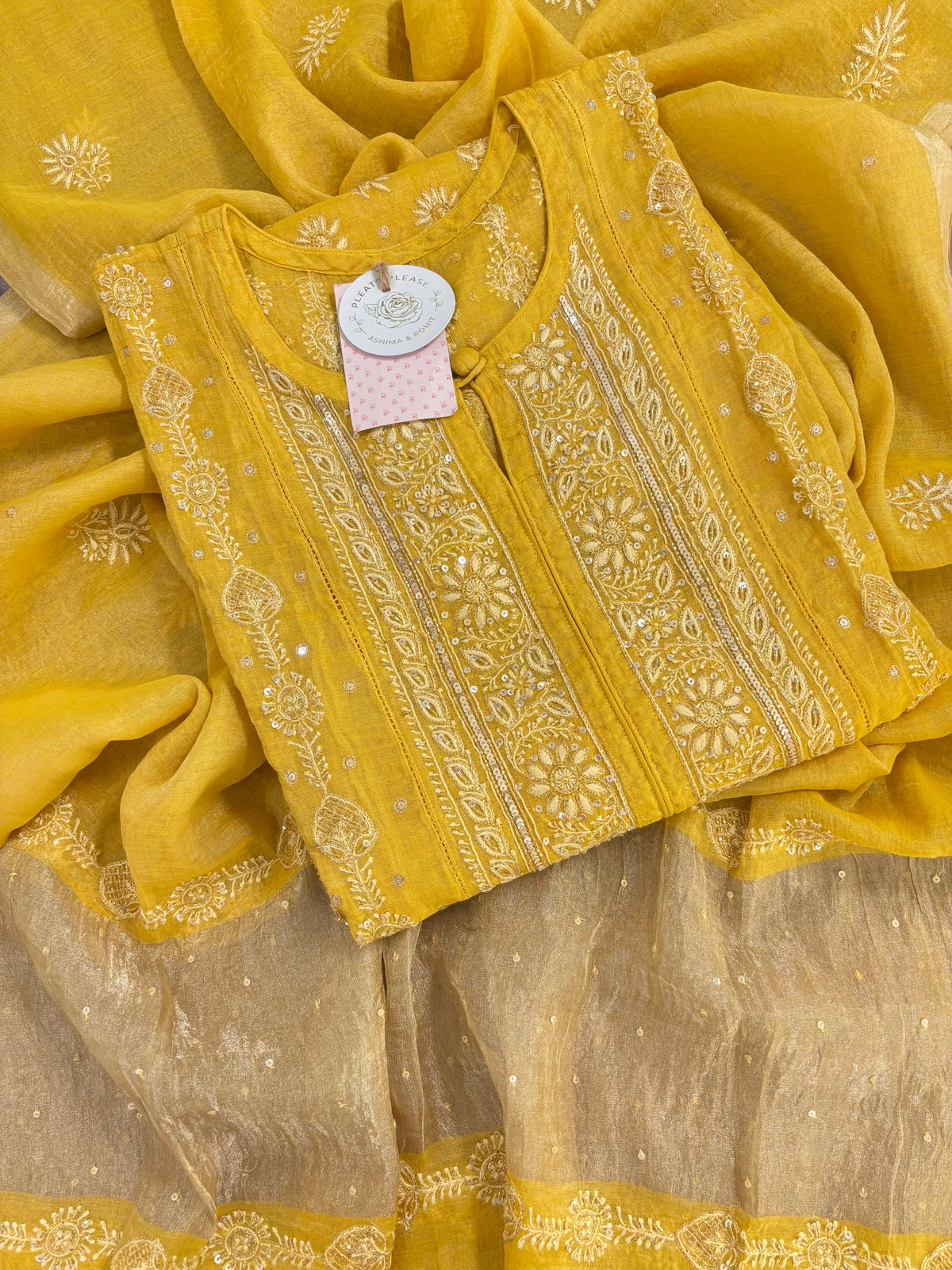 Mustard Yellow Pure & Premium Tissue Chikankari Kurta & Dupatta