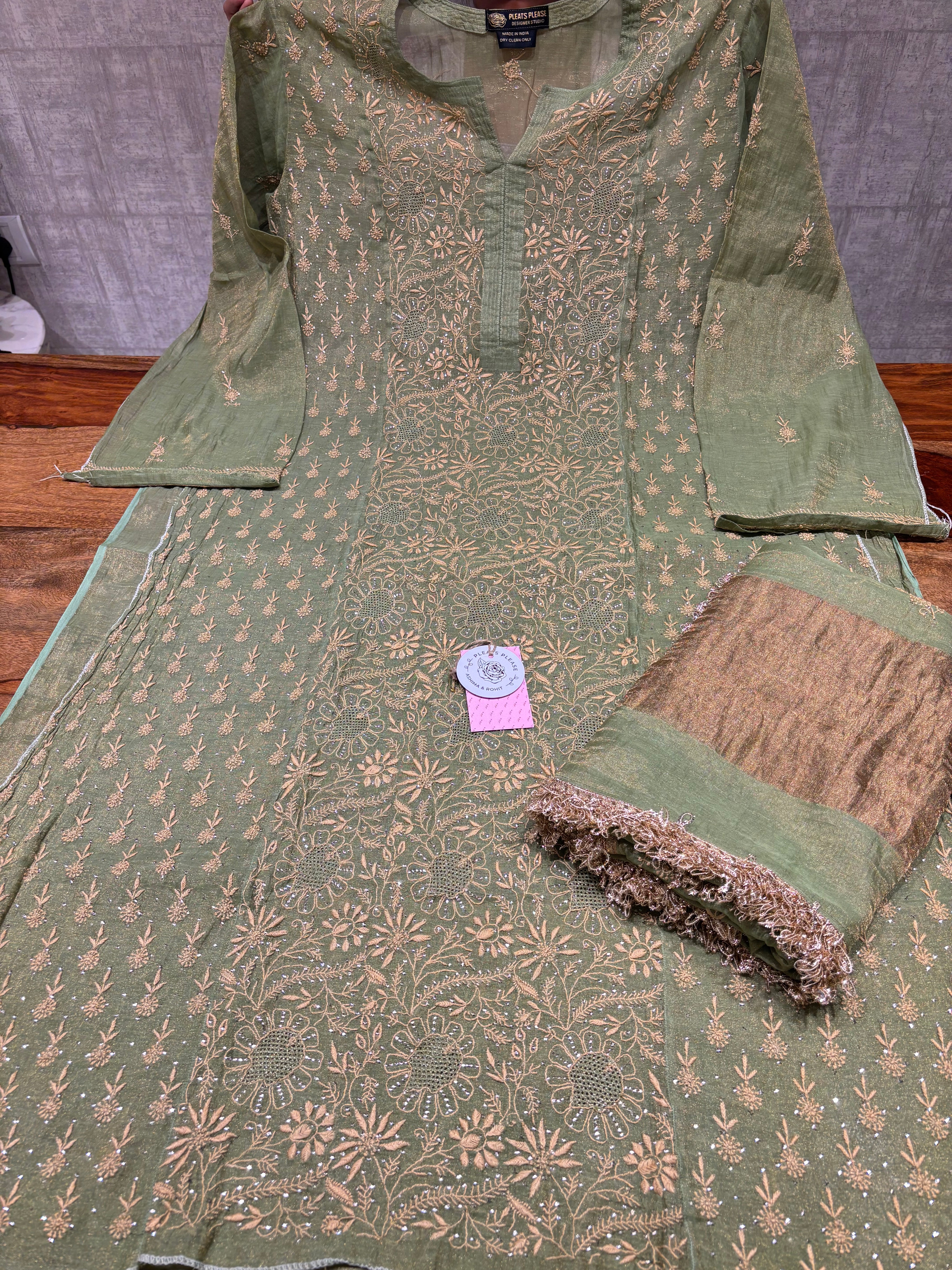 Green Pure & Premium Tissue Chikankari Kurta & Dupatta Set