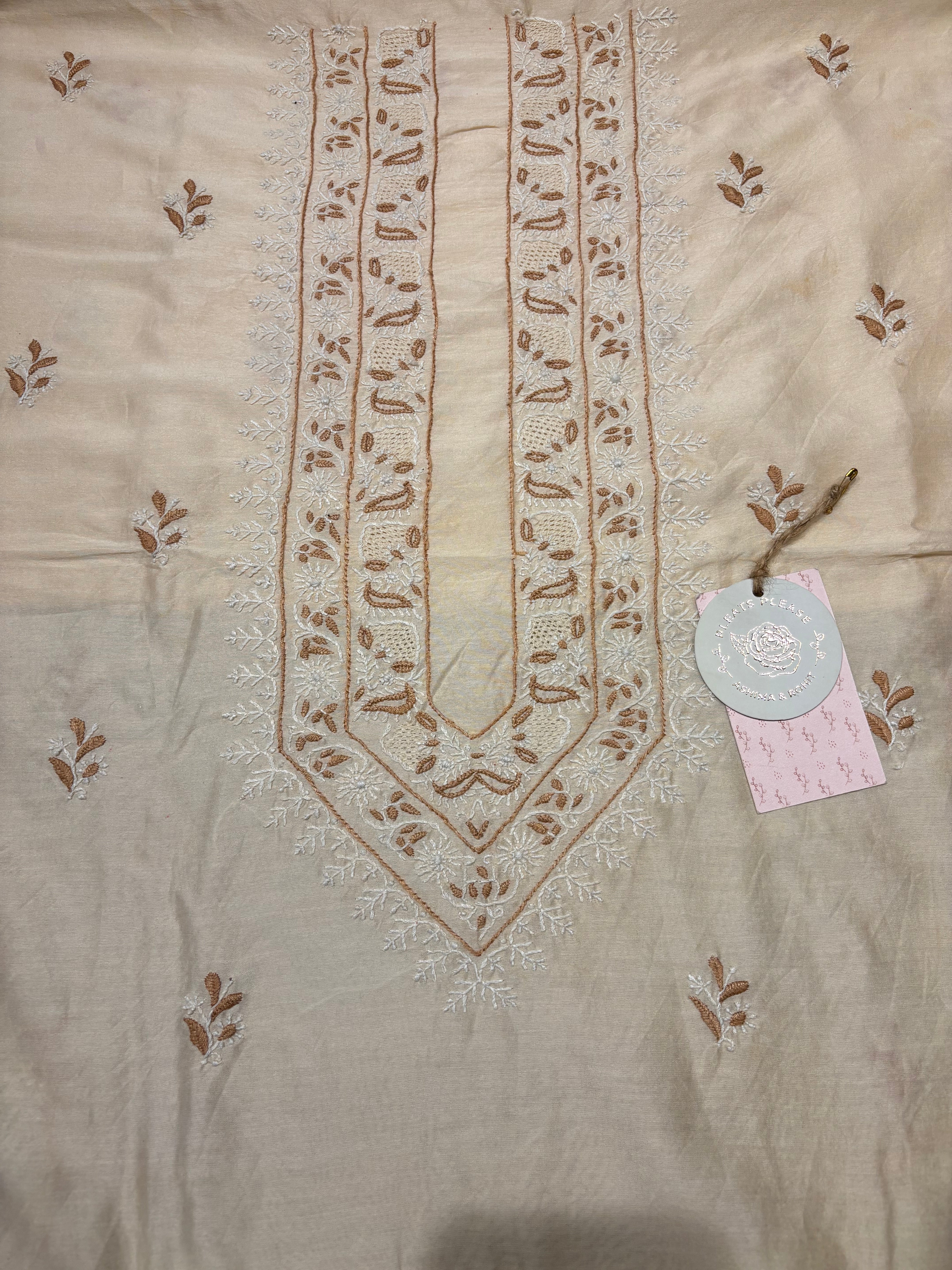 Off White Chanderi Silk Chikankari Men's Kurta Fabric