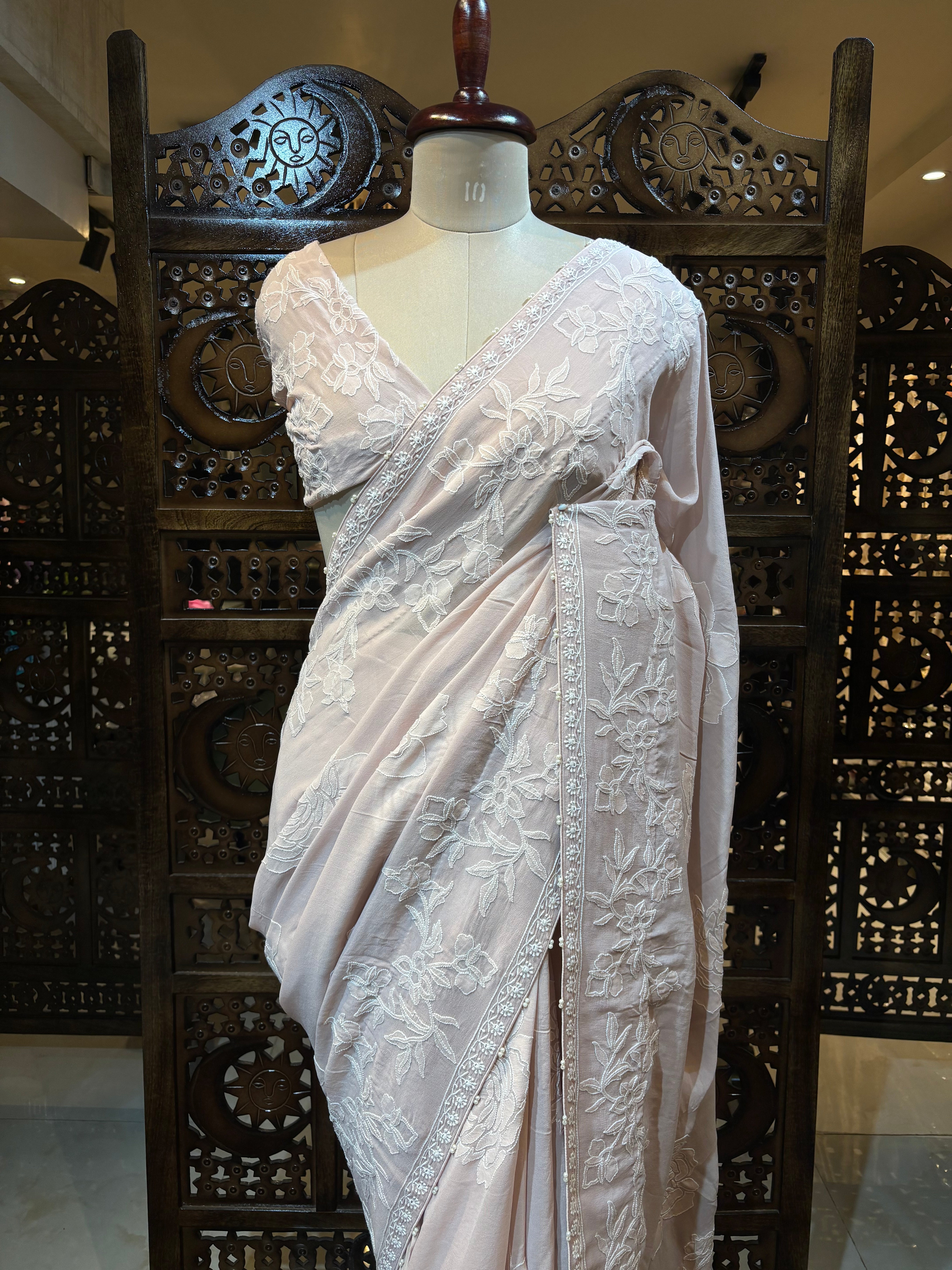 Dusty Peach Pure & Premium Georgette Chikankari Saree & Blouse - Pleats PleaseChikankari