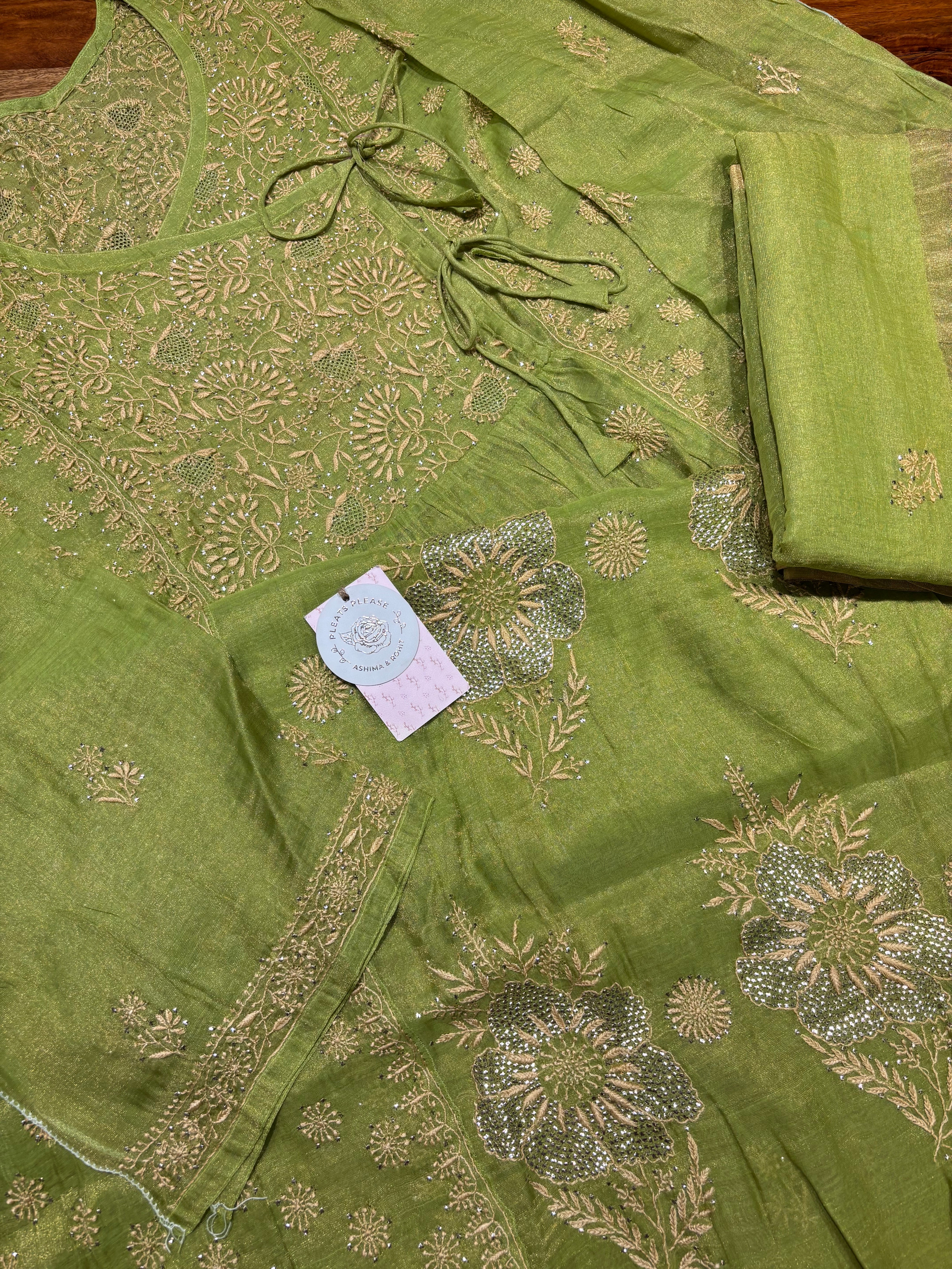 Green Pure and Premium Tissue Chikankari & Mukaish Angrakha Kurta and Dupatta Set