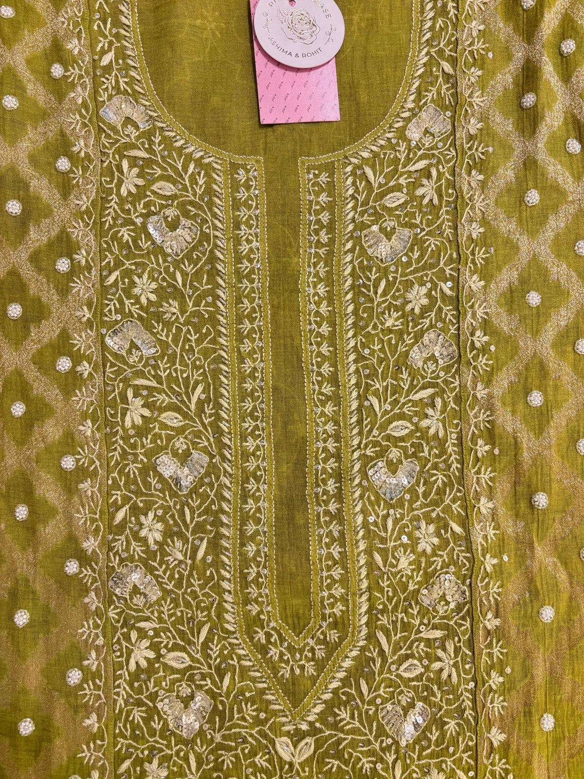 Bright Green Tissue Chanderi Chikankari Kurta & Dupatta
