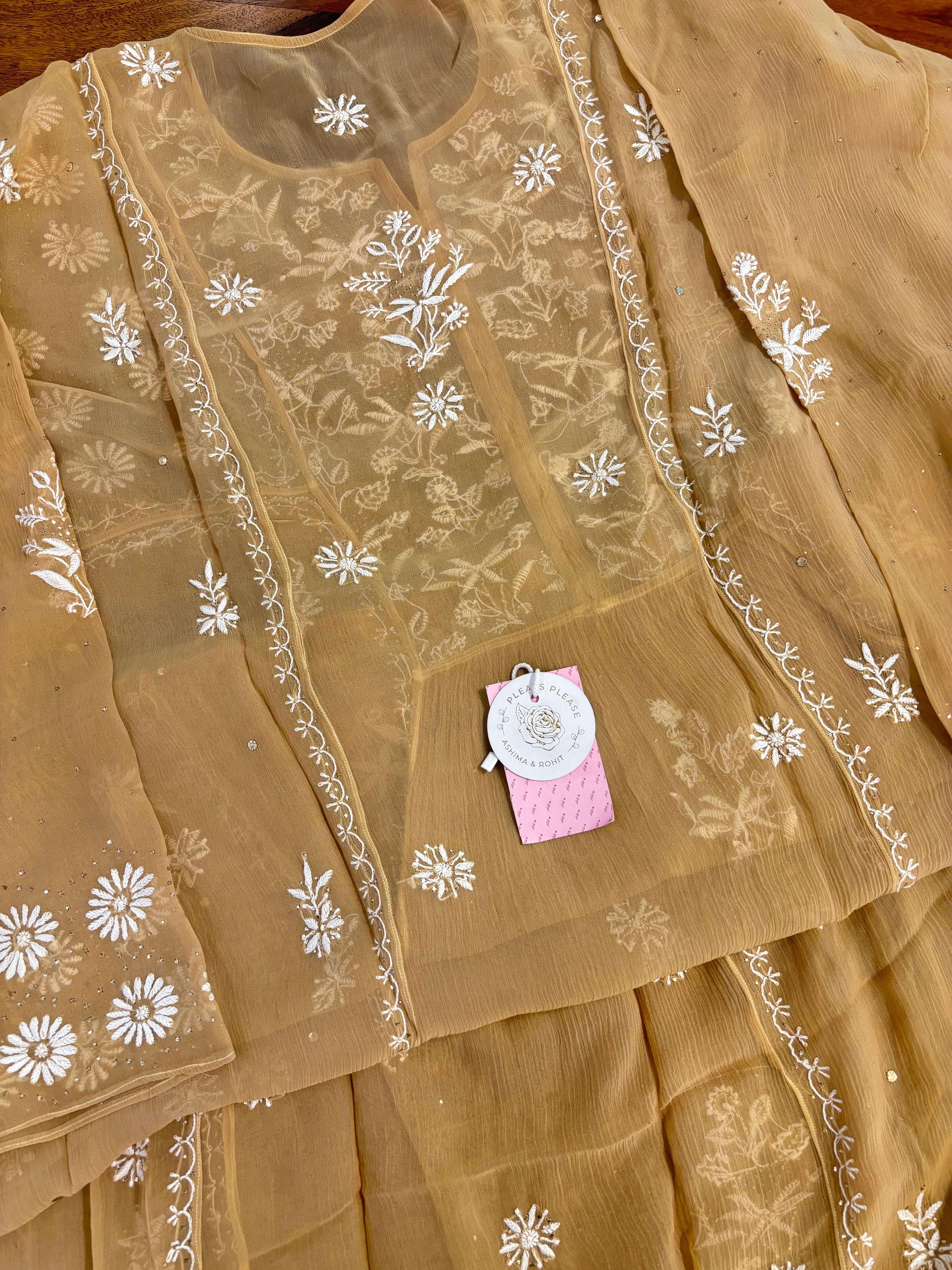 Beige-Gold Pure Chiffon Front Tucks Mukaish & Chikankari Kurta