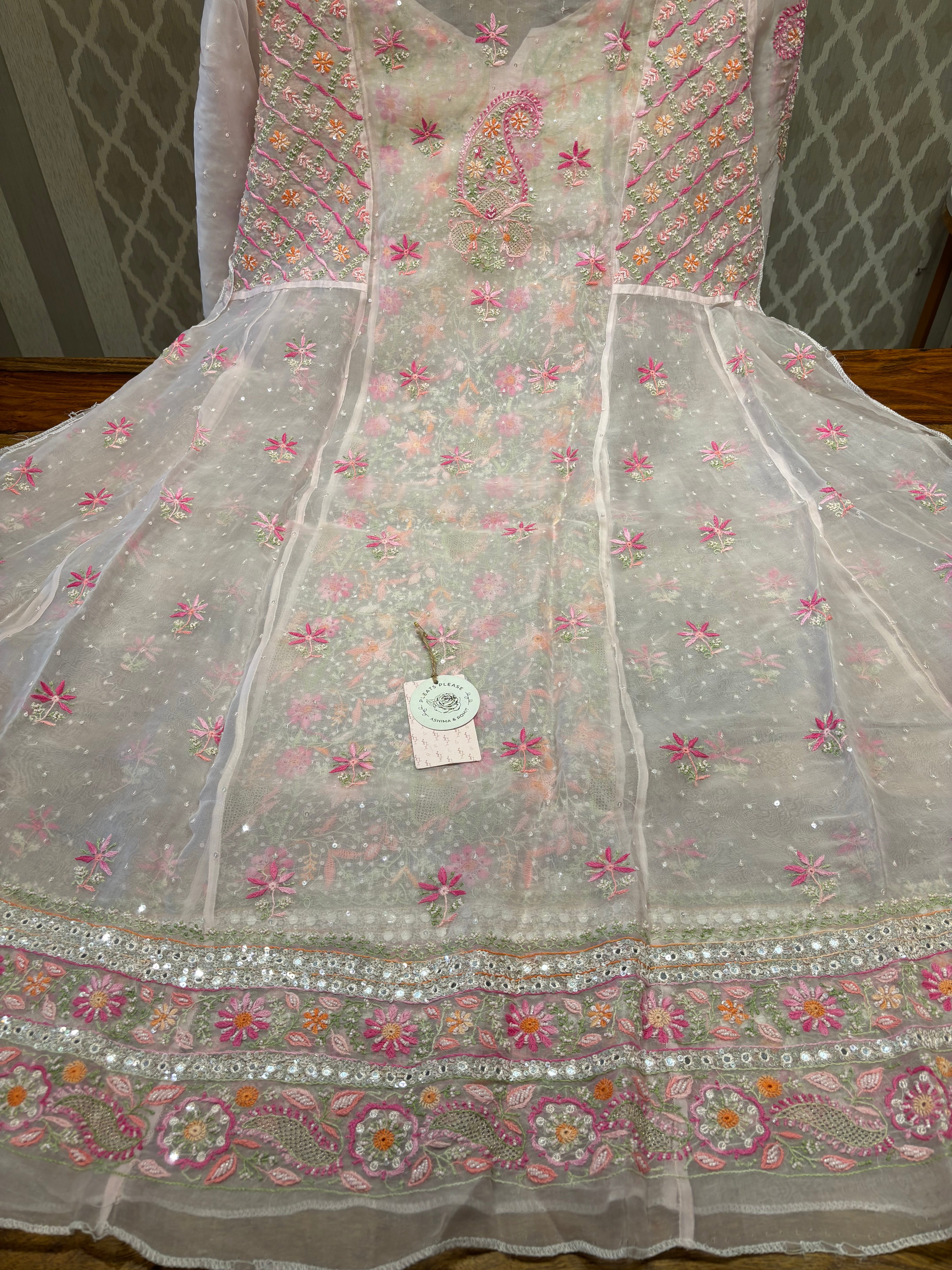 Pink Organza Chikankari Anarkali and Dupatta set