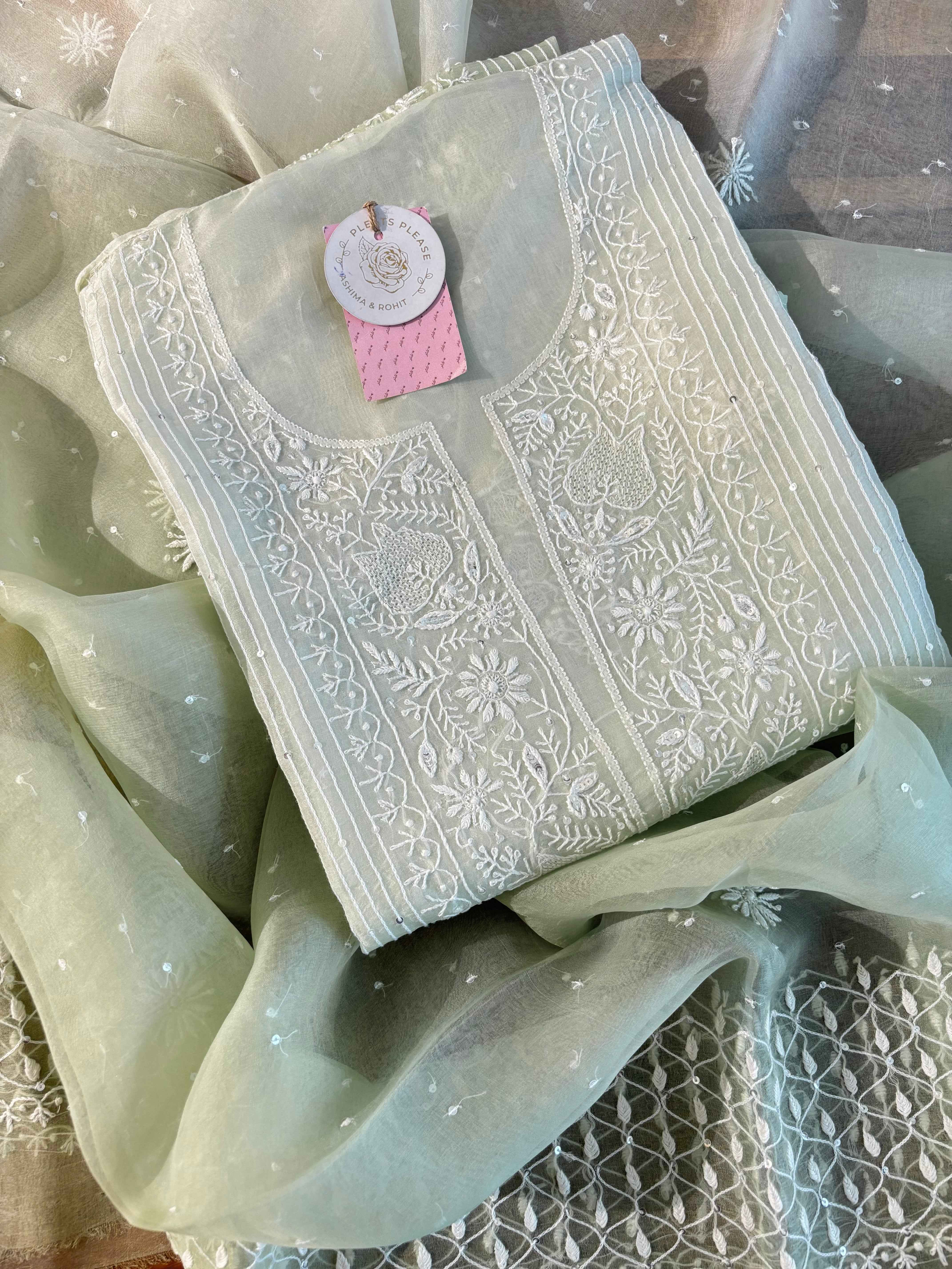 Pastel Sage Green Organza Chikankari Kurta & Dupatta