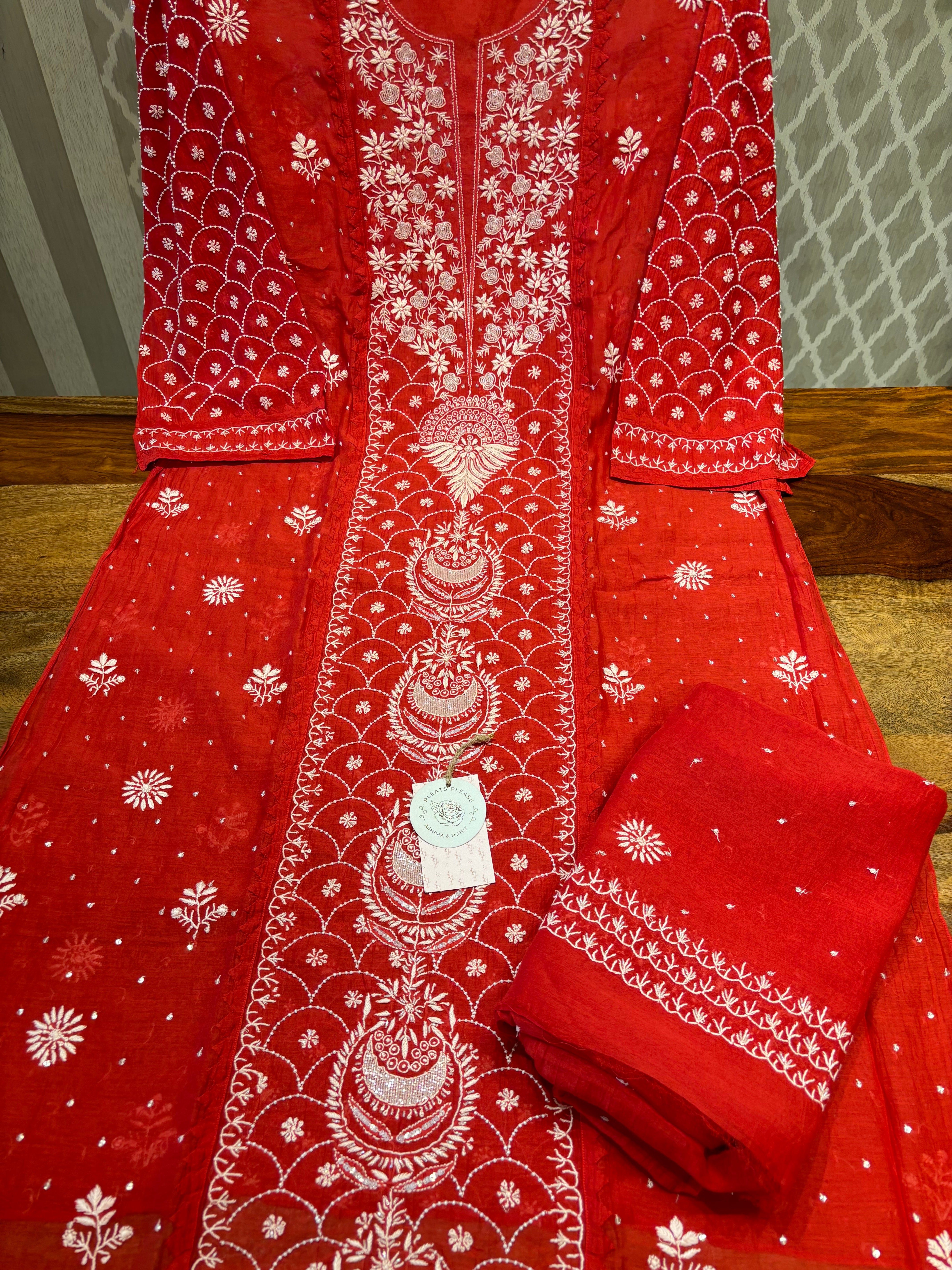 Red Chanderi Mul Chikankari Kurta and Dupatta set