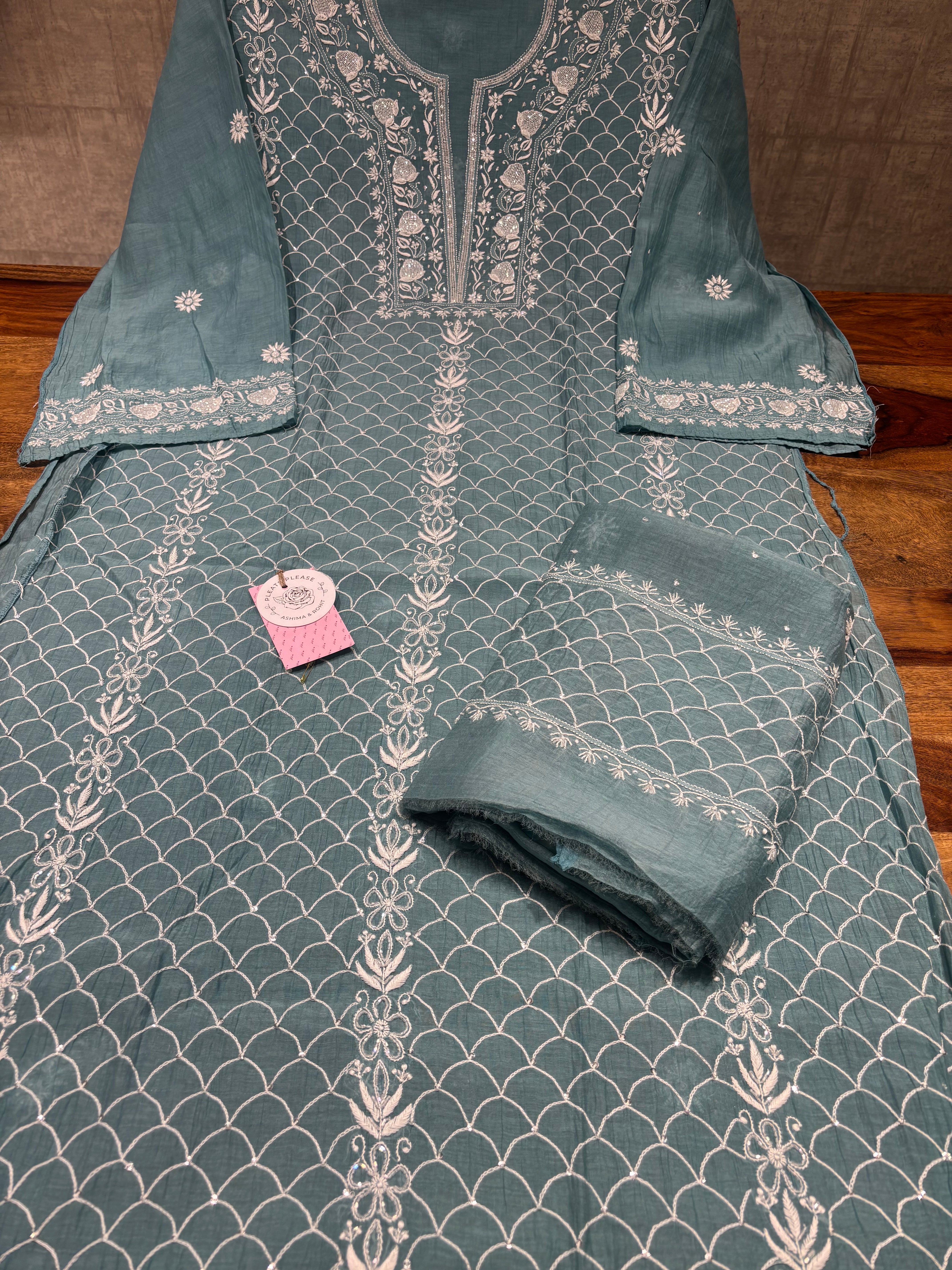 Turquoise Blue Chanderi Mul Chikankari Kurta & Dupatta Set