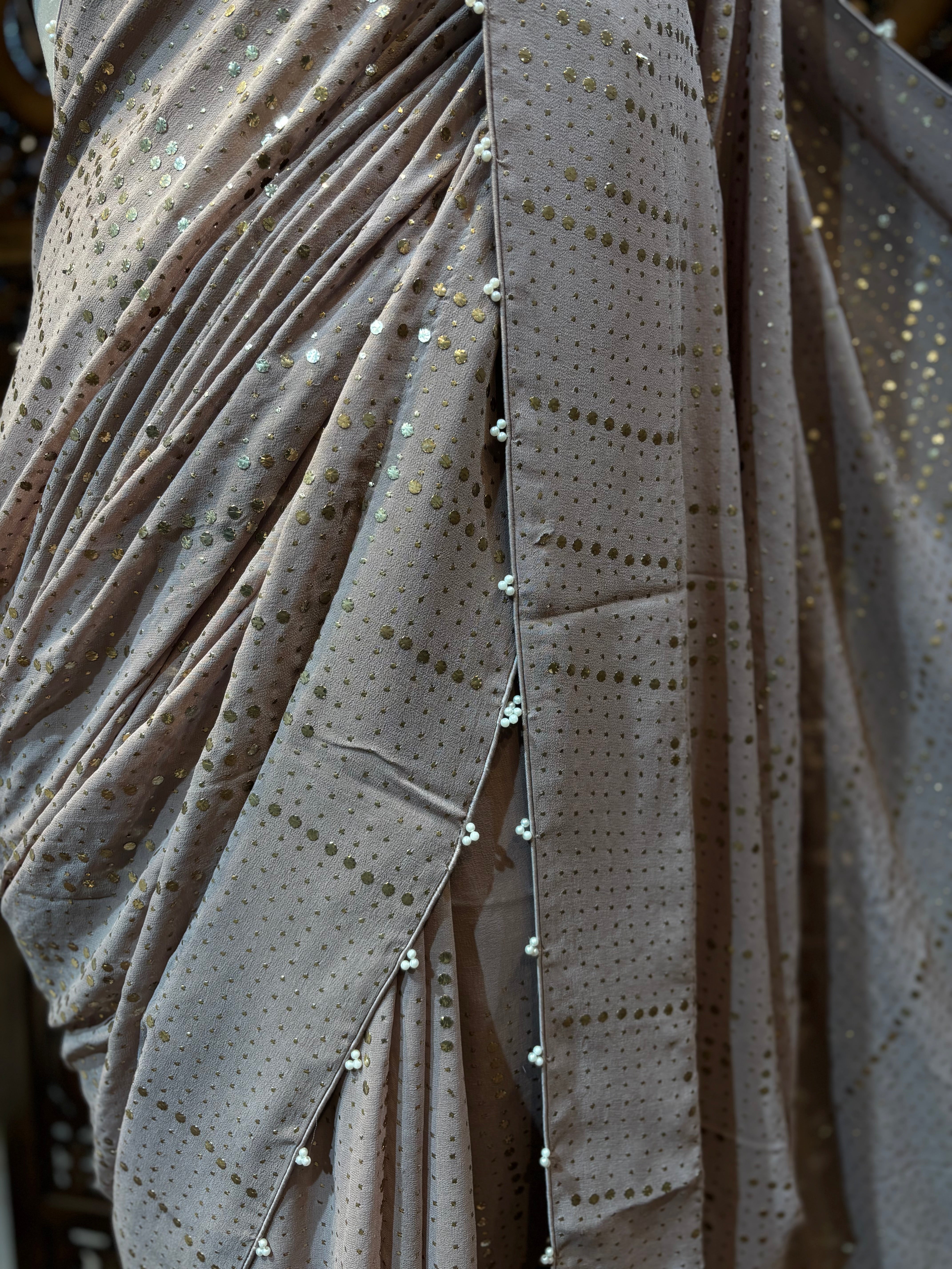Brown Pure & Premium Georgette Mukaish Saree & Blouse - Pleats PleaseChikankari
