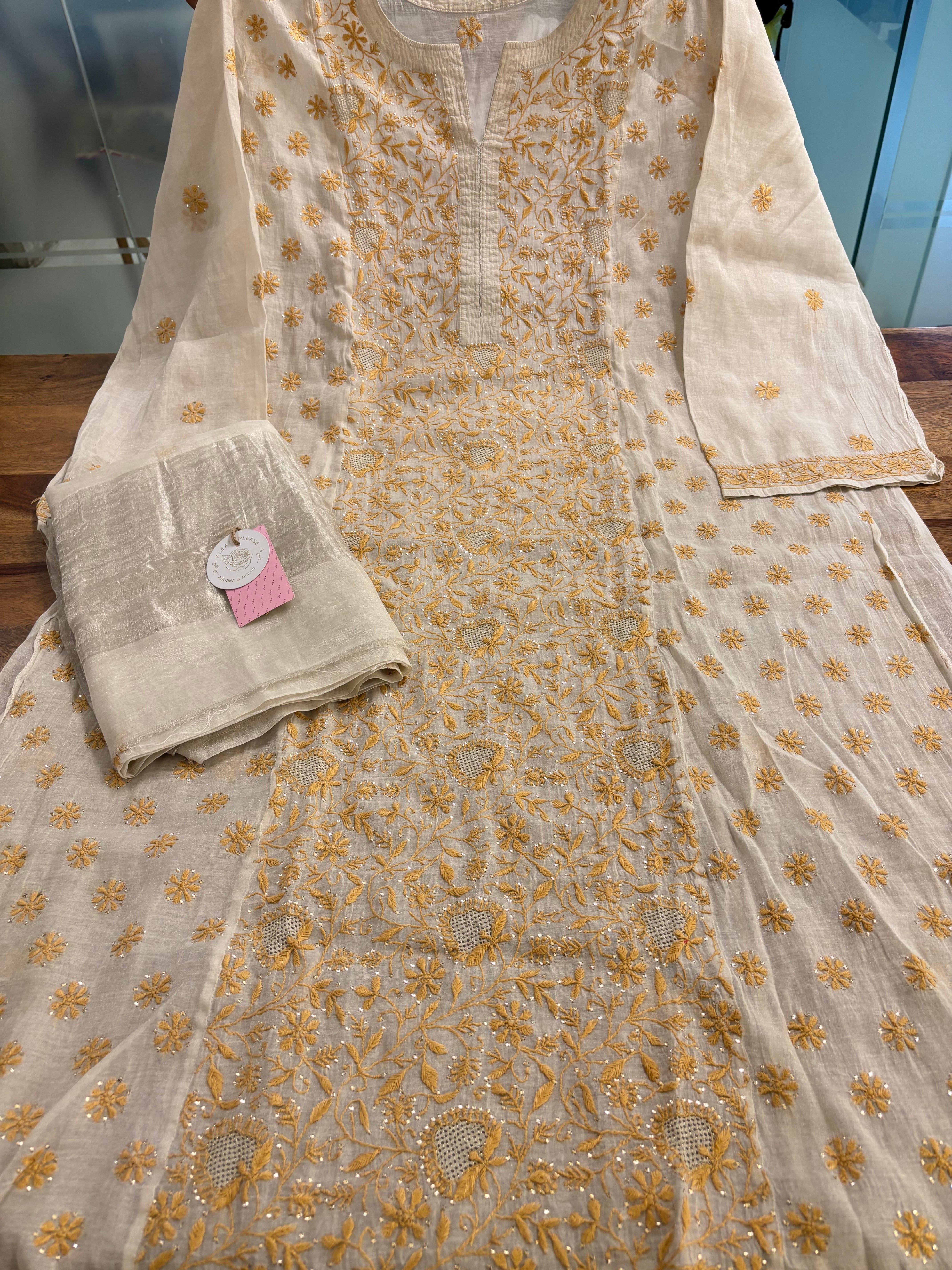 Dyeable Silver Tissue Chikankari Mukaish Kurta & Dupatta