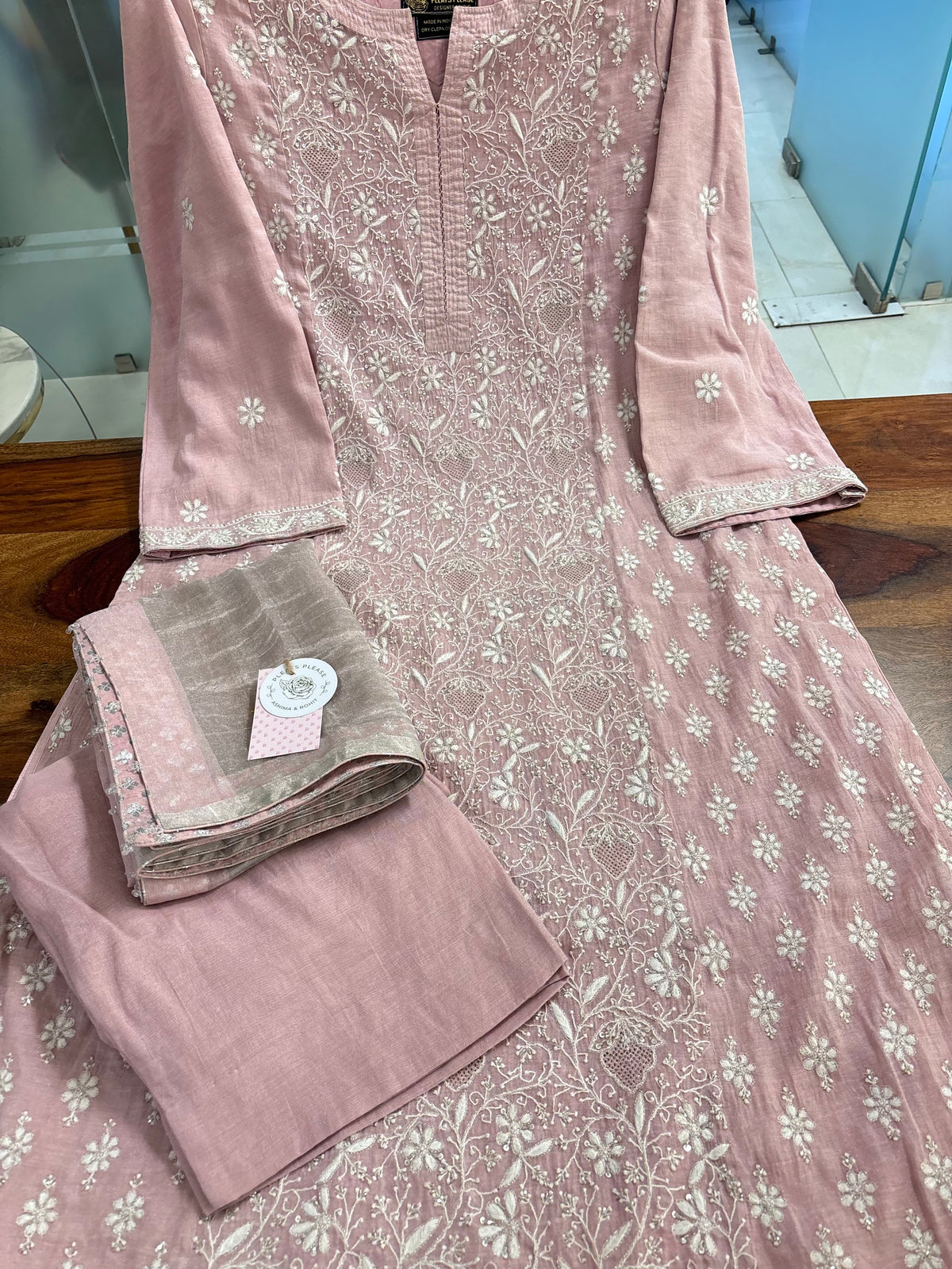 Pink Pure Tissue Chikankari Kurta, Dupatta With Bottom