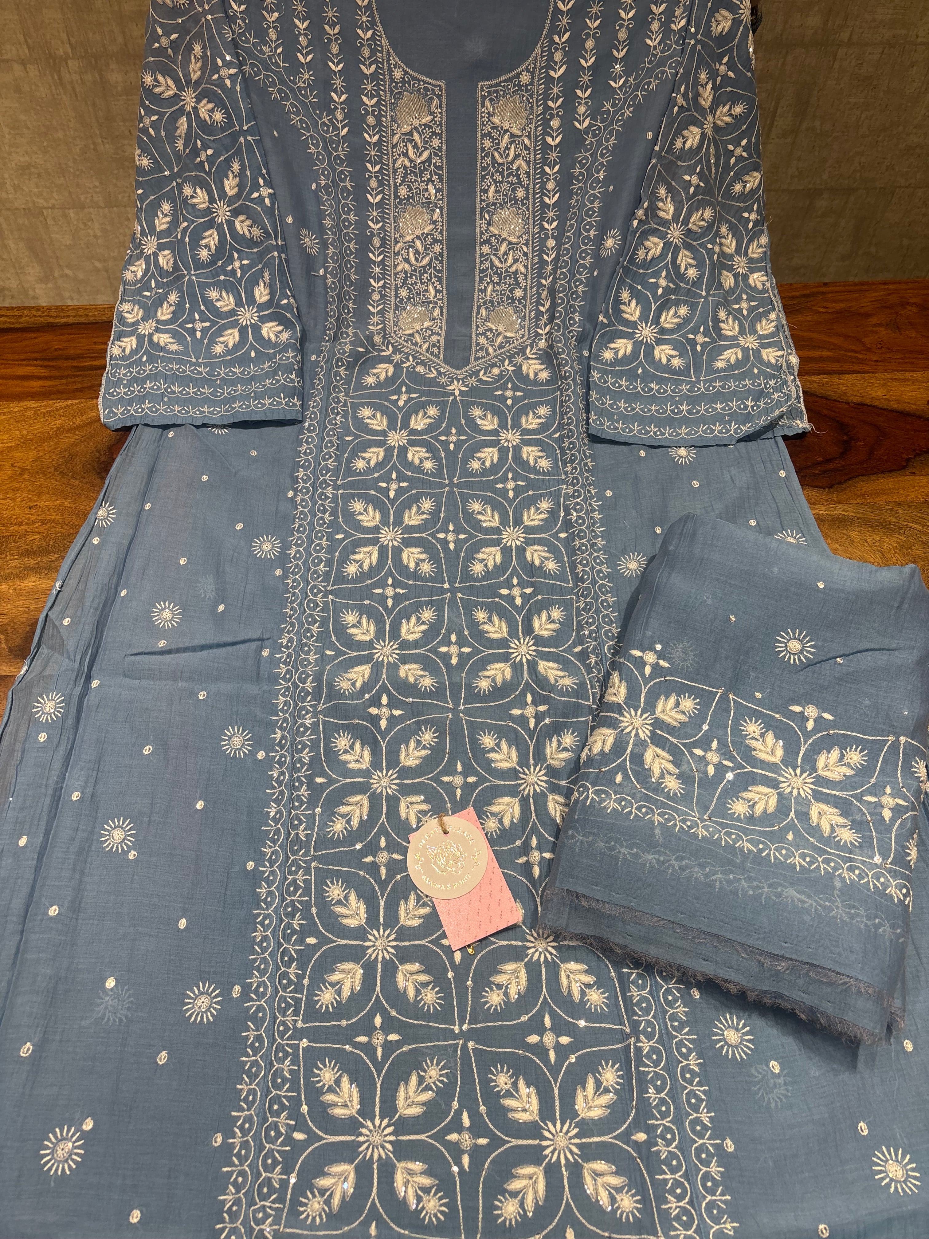 Blue Chanderi Mul Chikankari Kurta and Dupatta Set