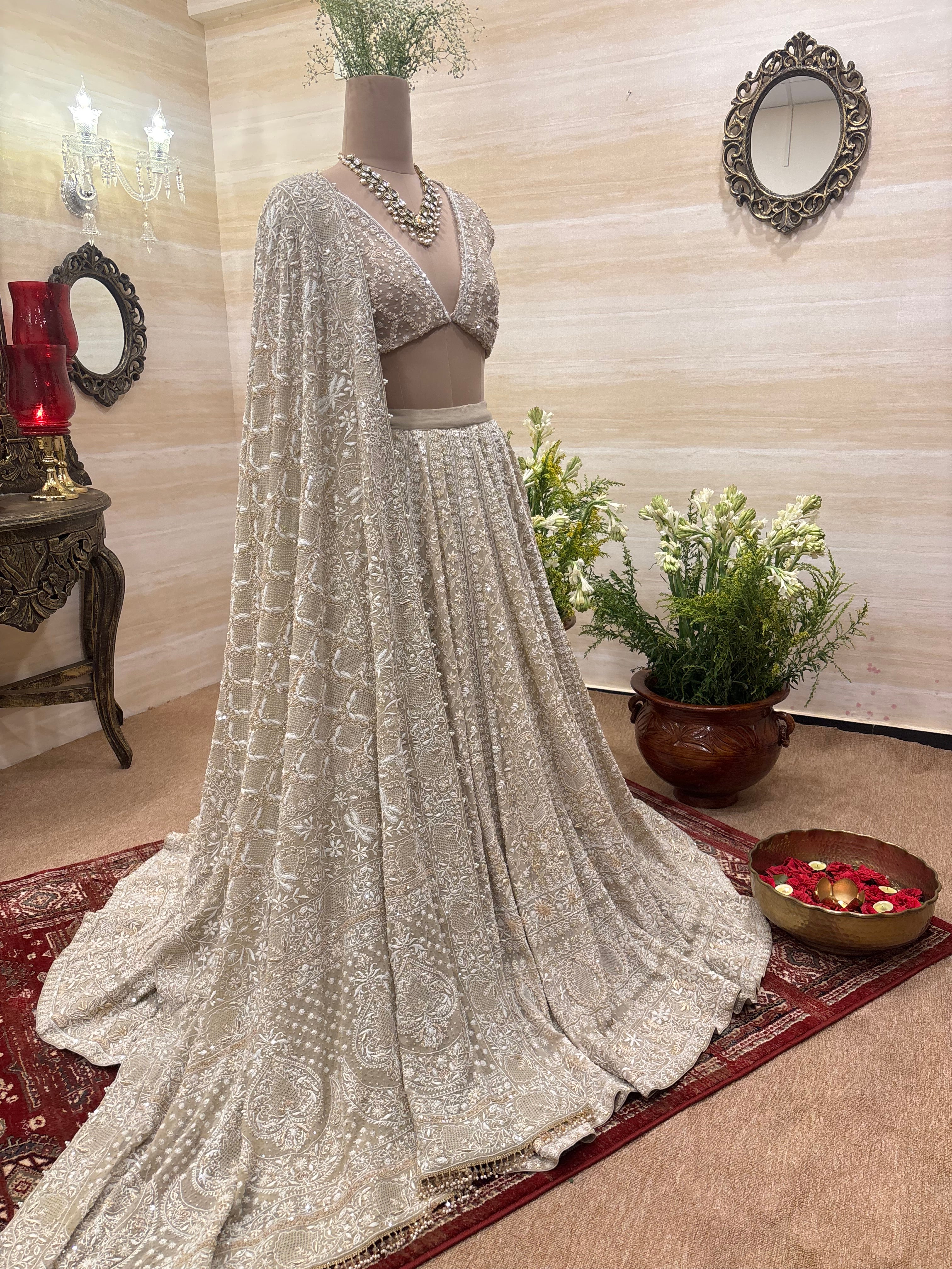 Brown Pure & Premium Georgette Chikankari Lehenga Set