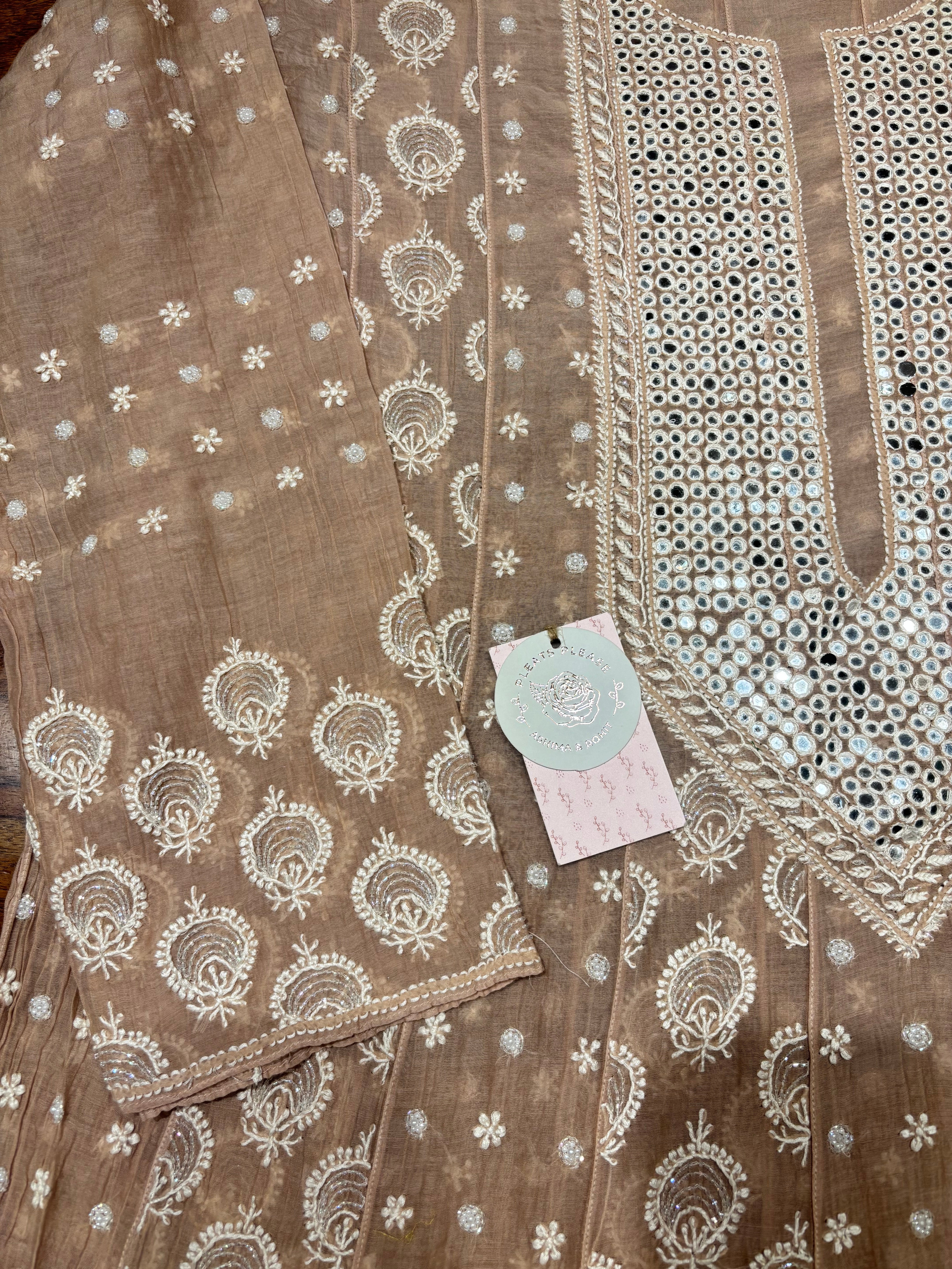 Nude Peach Chanderi Mul Chikankari Anarkali and Dupatta Set