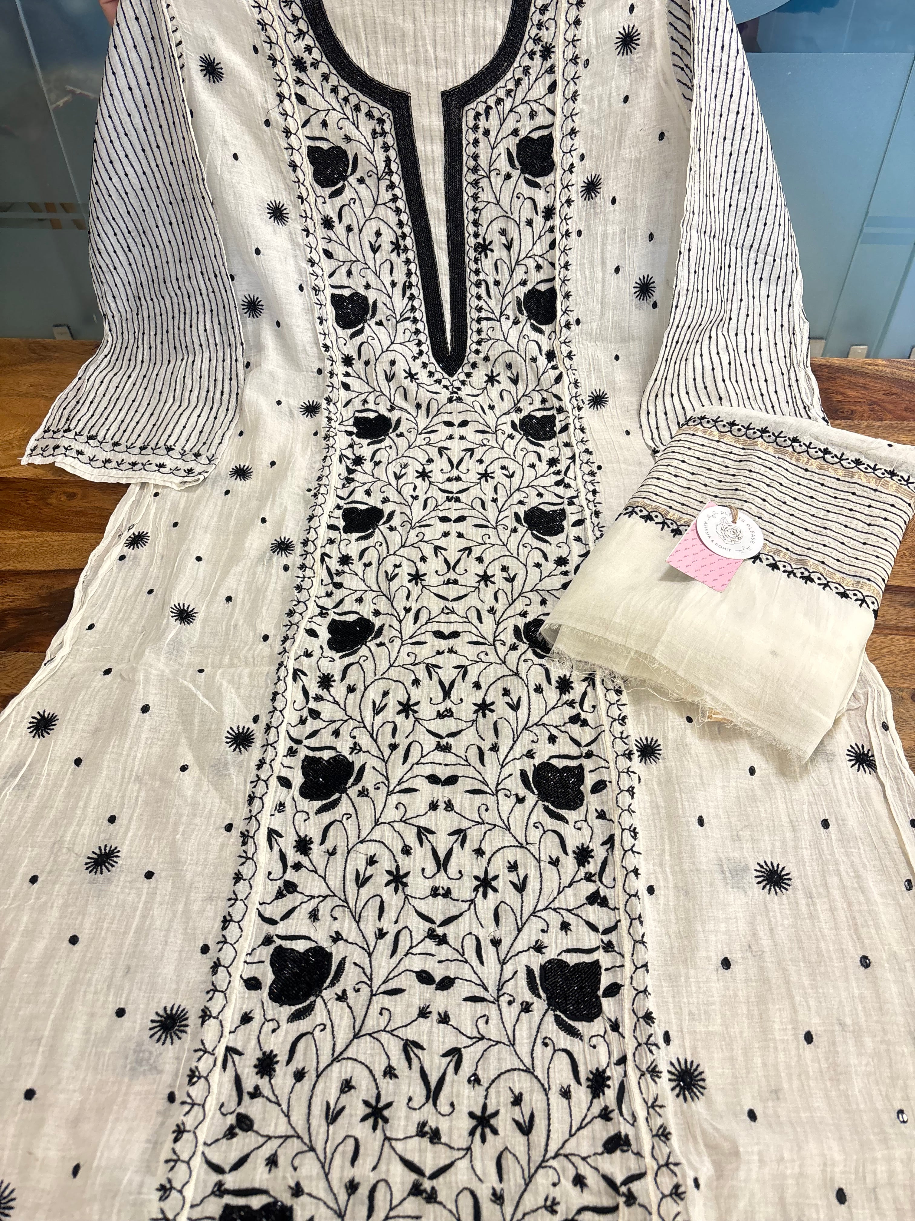 Dyeable Black & White Chanderi Chikankari Kurta & Dupatta