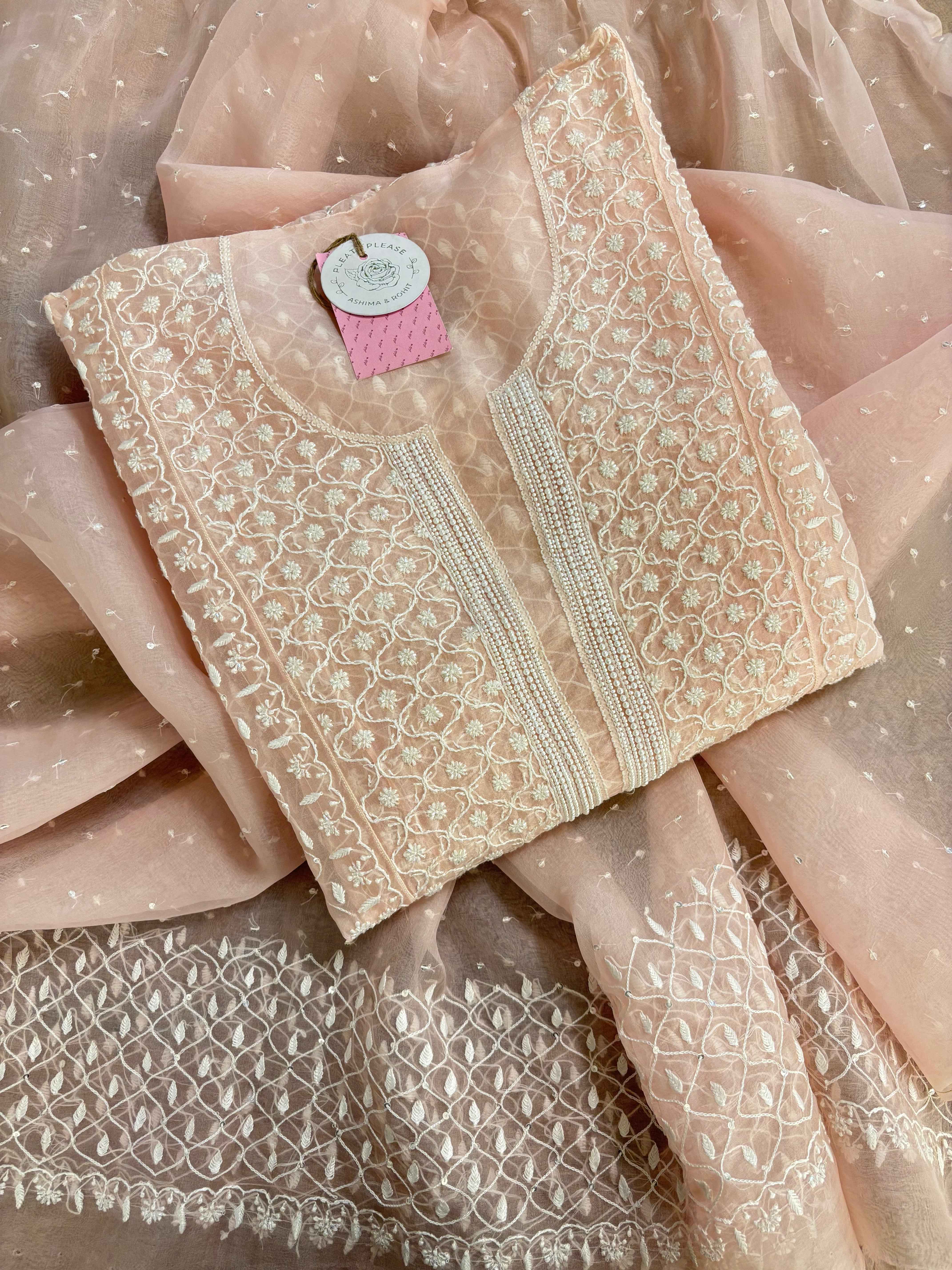 Baby Pink Organza Silk Chikankari Anarkali & Dupatta