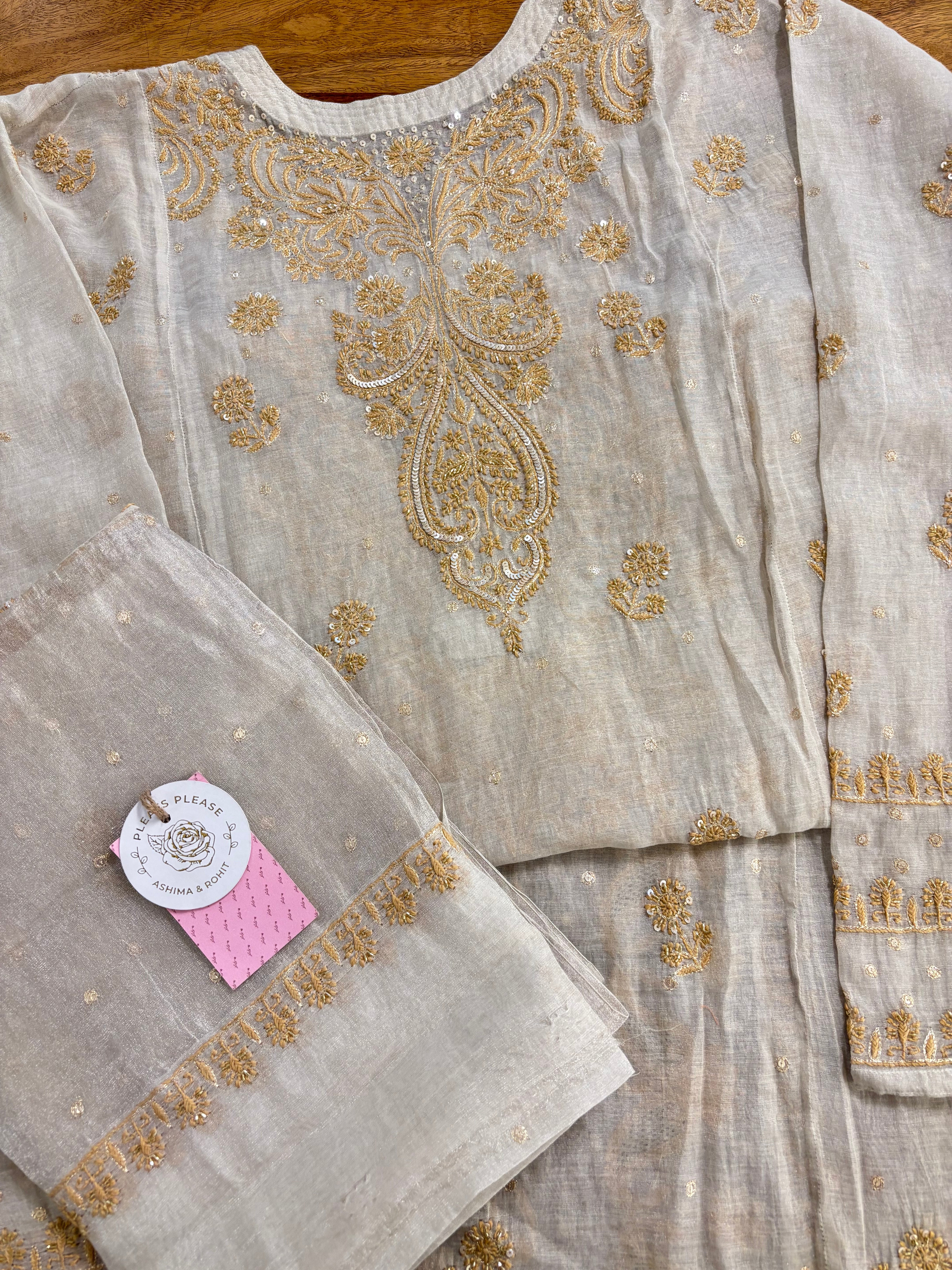 Dyeable Ivory Silver Pure & Premium Tissue Chikankari Kurta & Dupatta