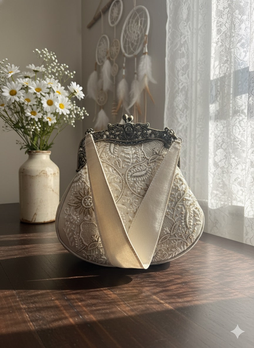 Ivory Chikankari Clutch Bag