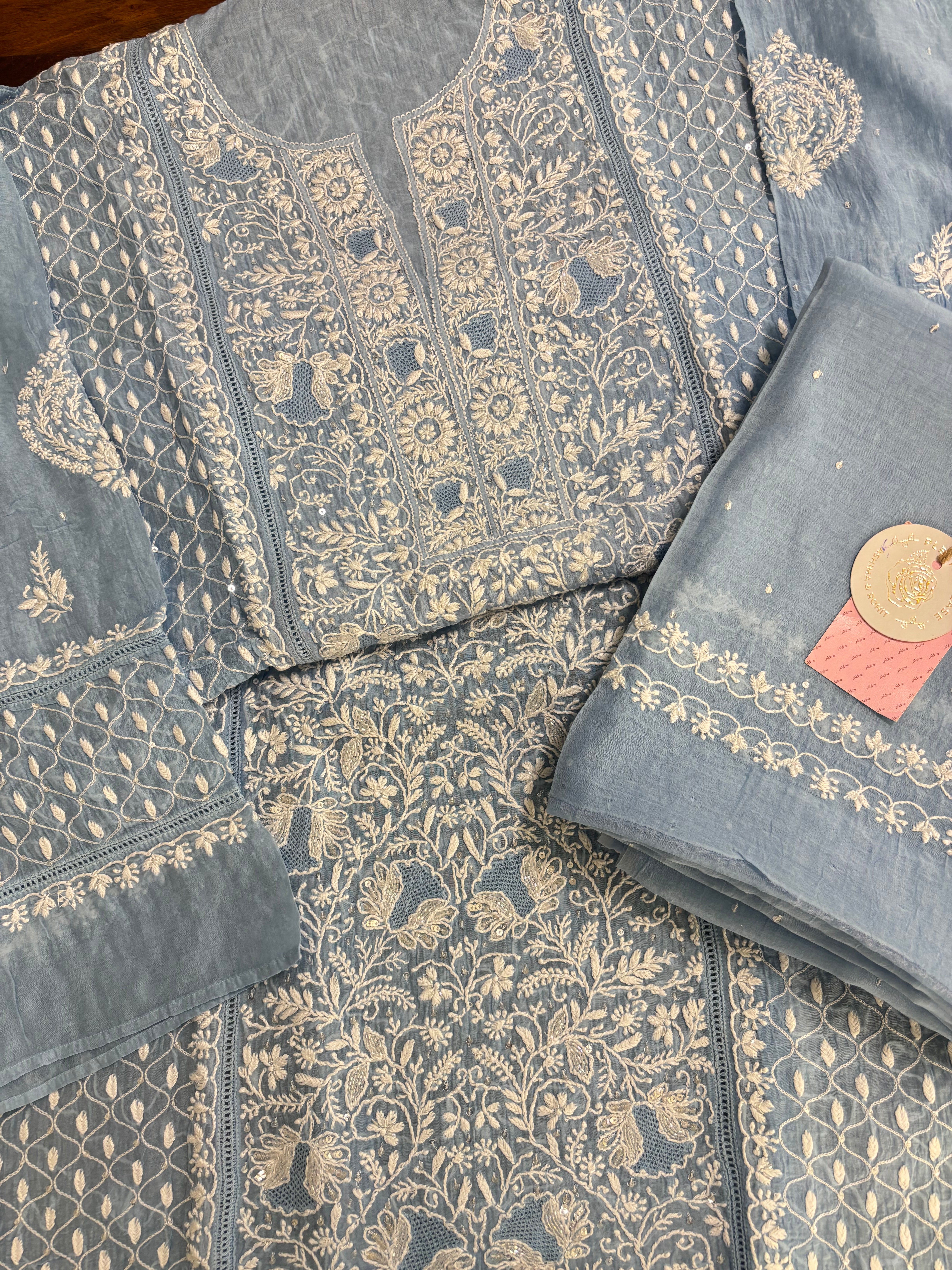Powder Blue Chanderi Mul Chikankari Kurta and Dupatta