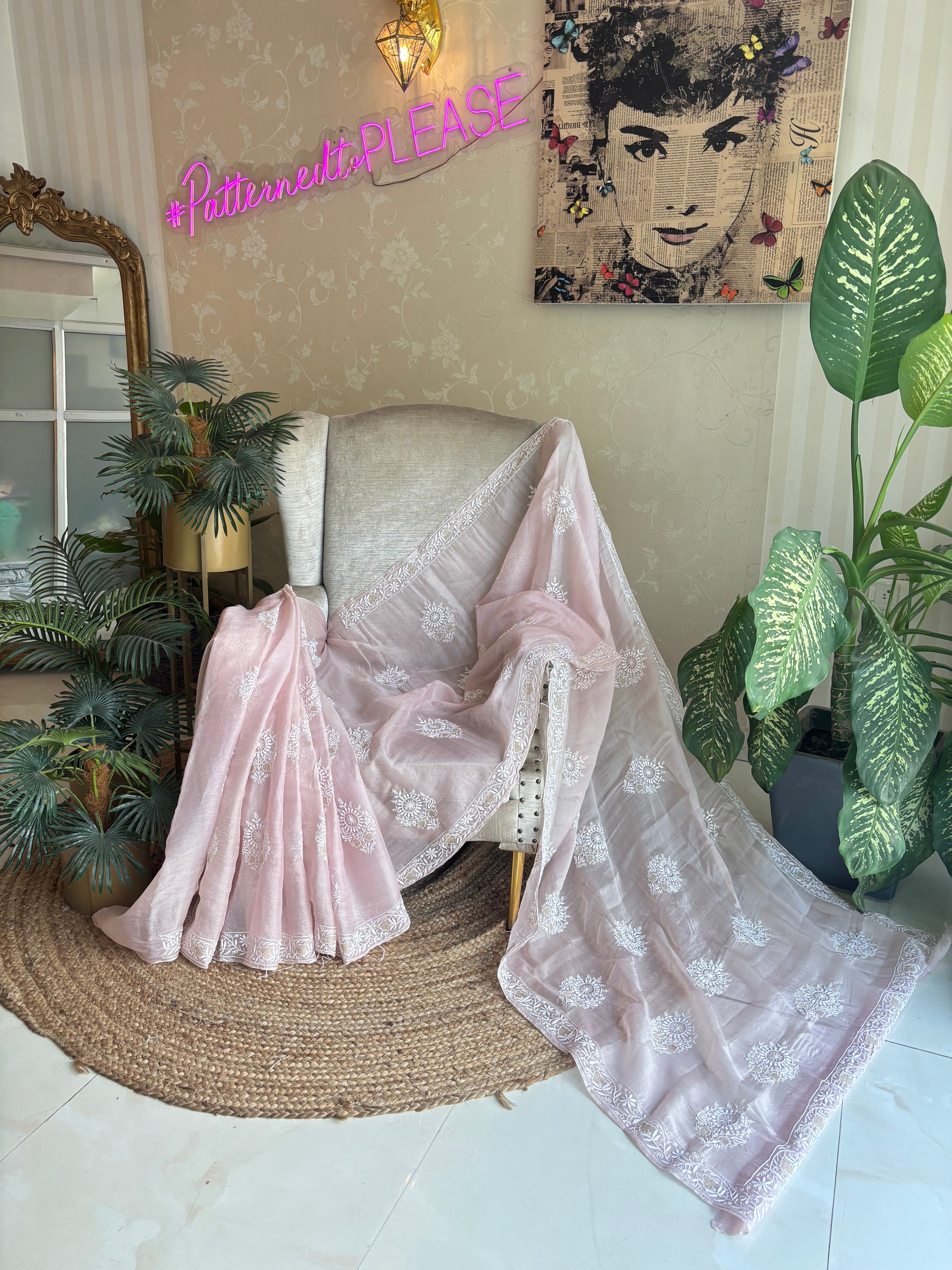 Barely Pink Organza Silk Only Chikankari Saree and Blouse