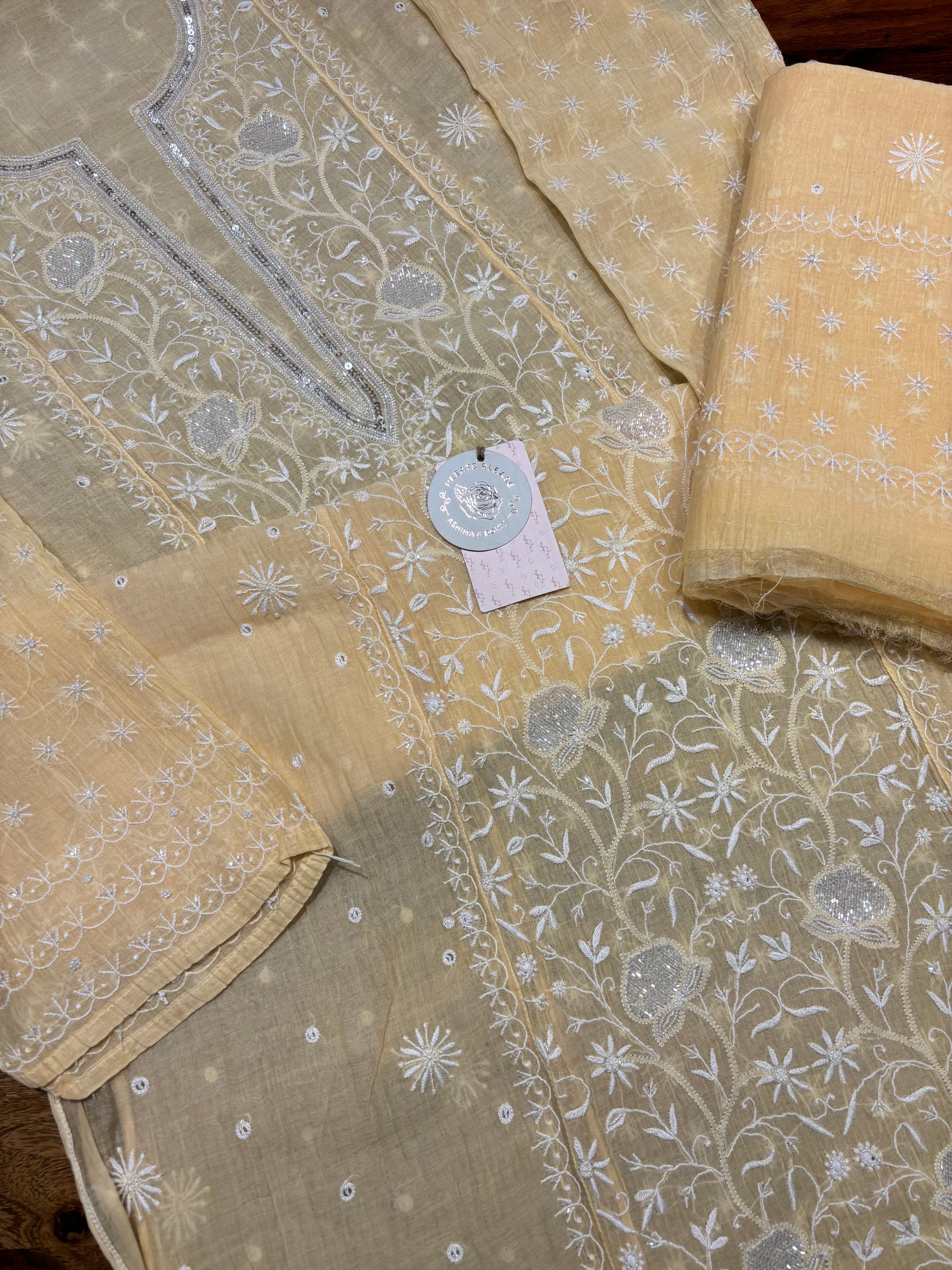 Butter Yellow Chanderi Mul Chikankari Kurta and Dupatta Set