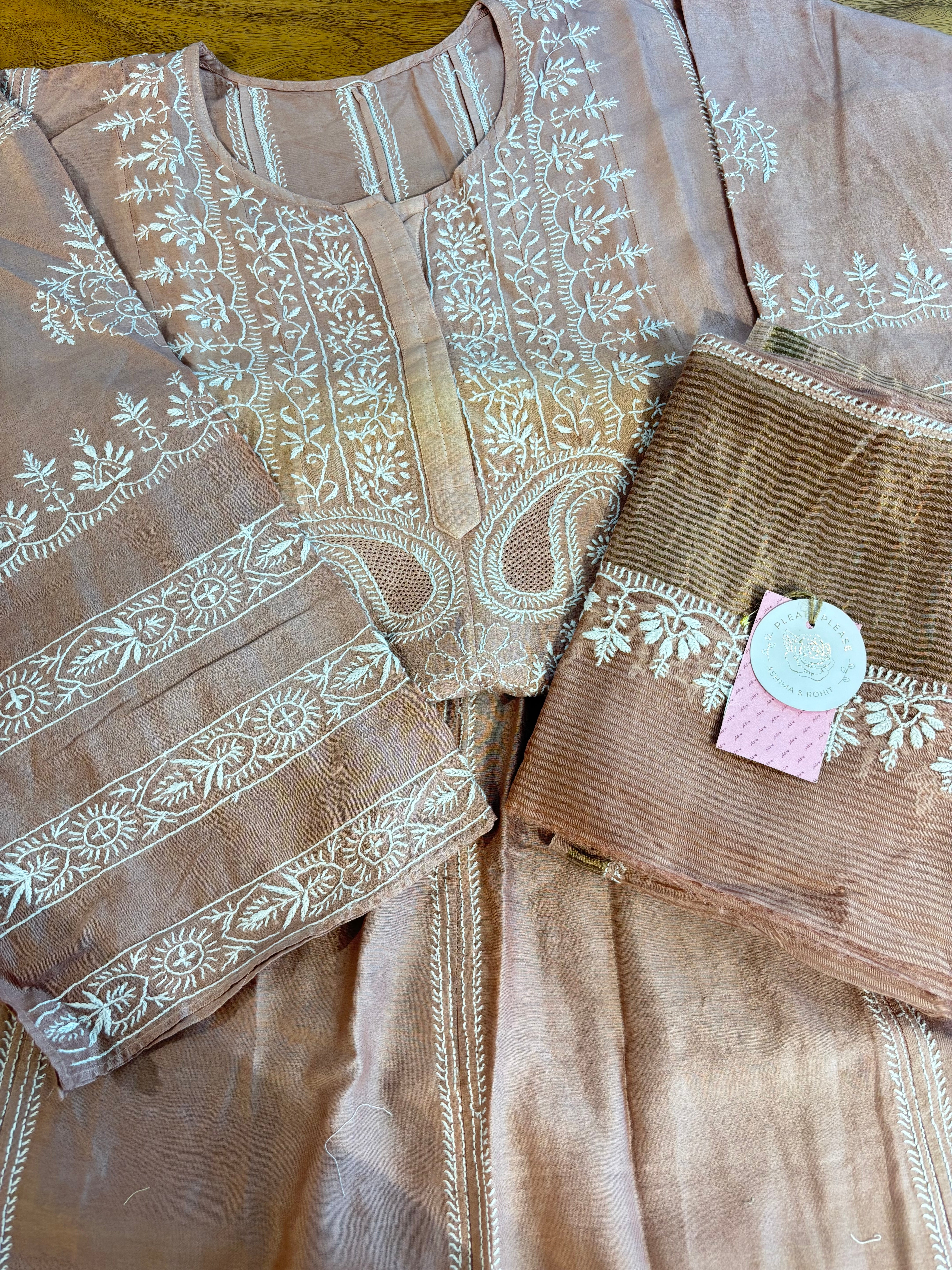 Dusty Peach Chanderi Chikankari Anarkali & Dupatta Set