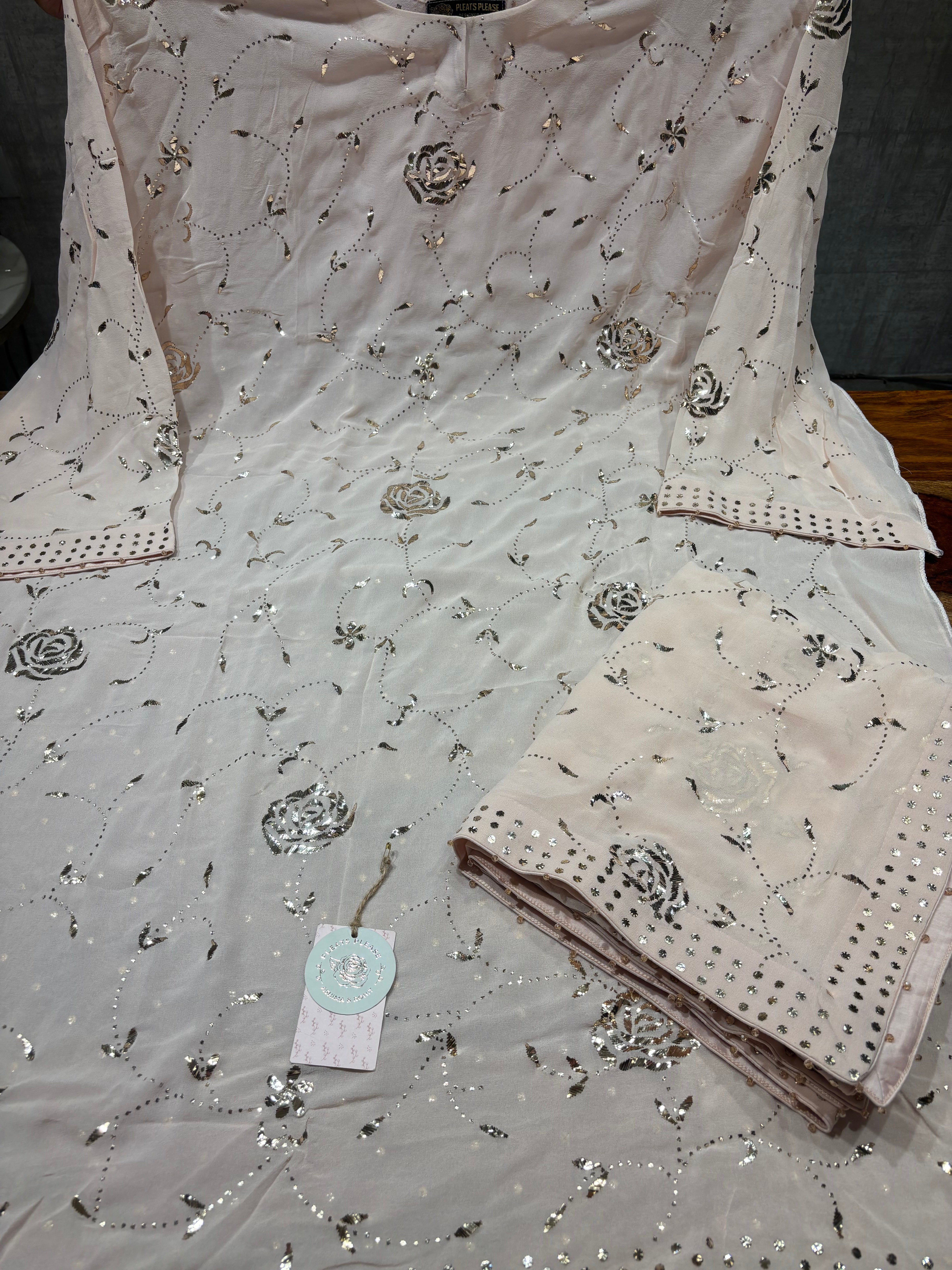 Peach Pure And Premium Georgette Mukaish Kurta And Dupatta Set