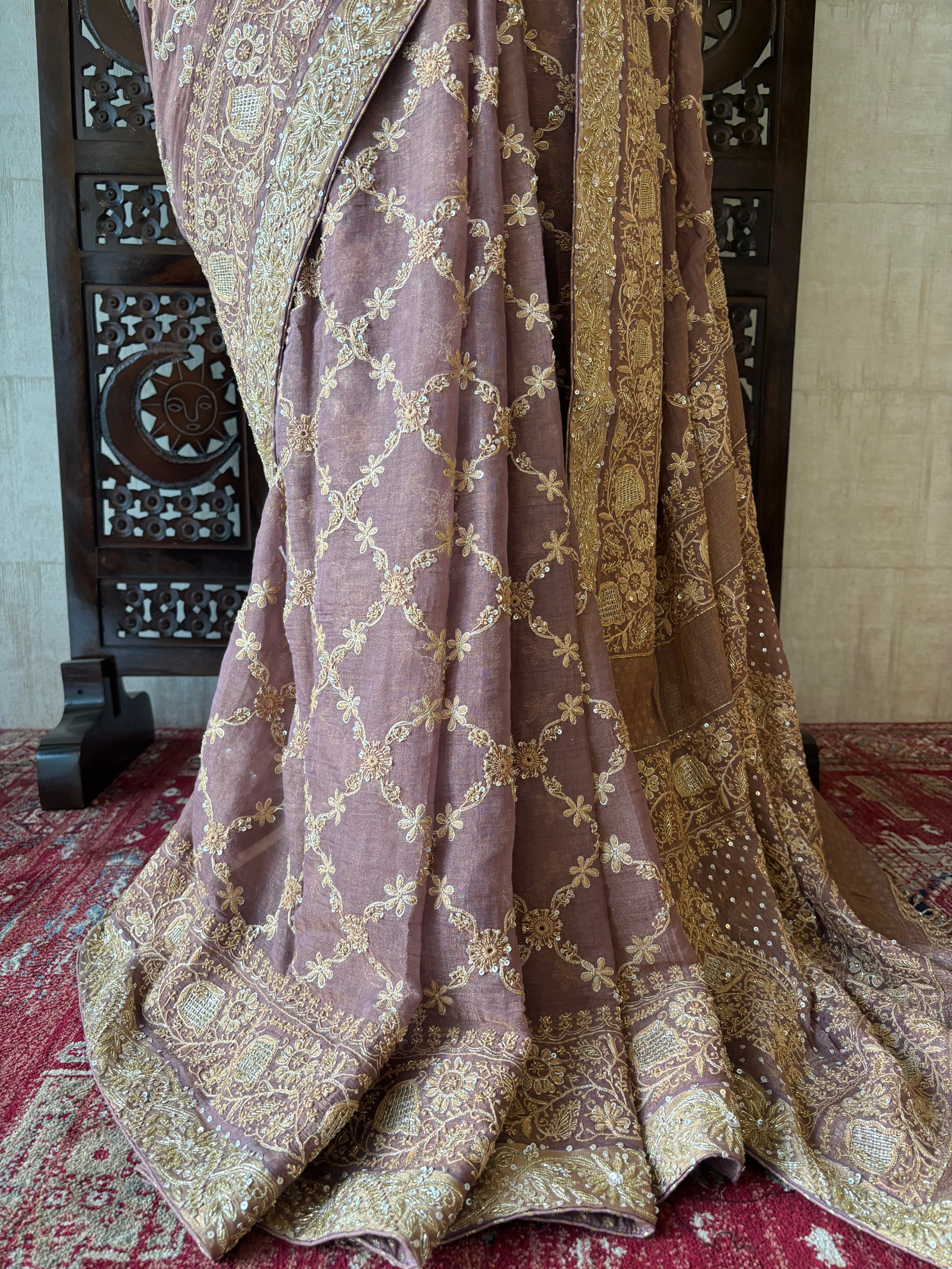 Garnet Pure & Premium Tissue Chikankari Saree and Blouse