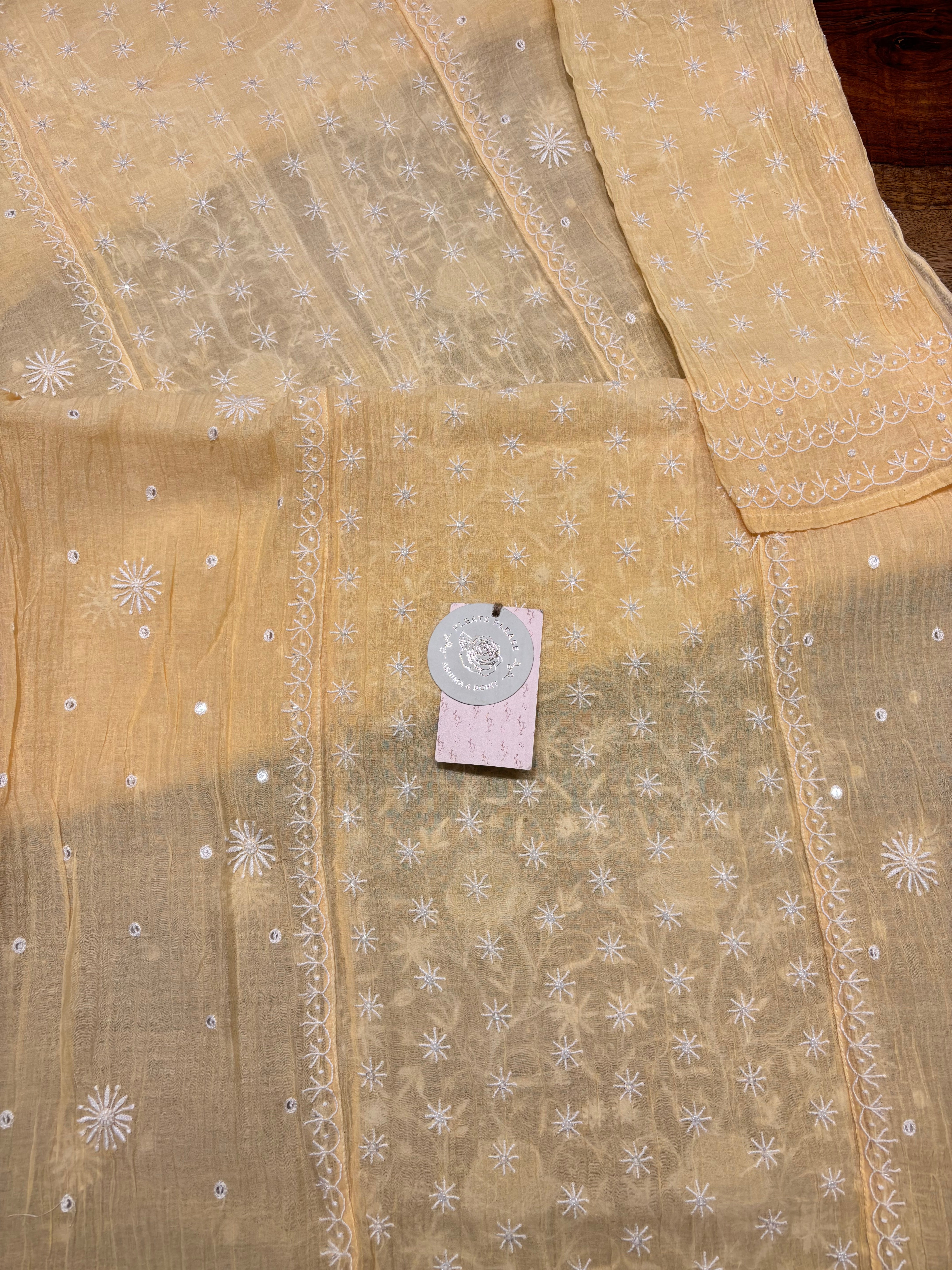 Butter Yellow Chanderi Mul Chikankari Kurta and Dupatta Set