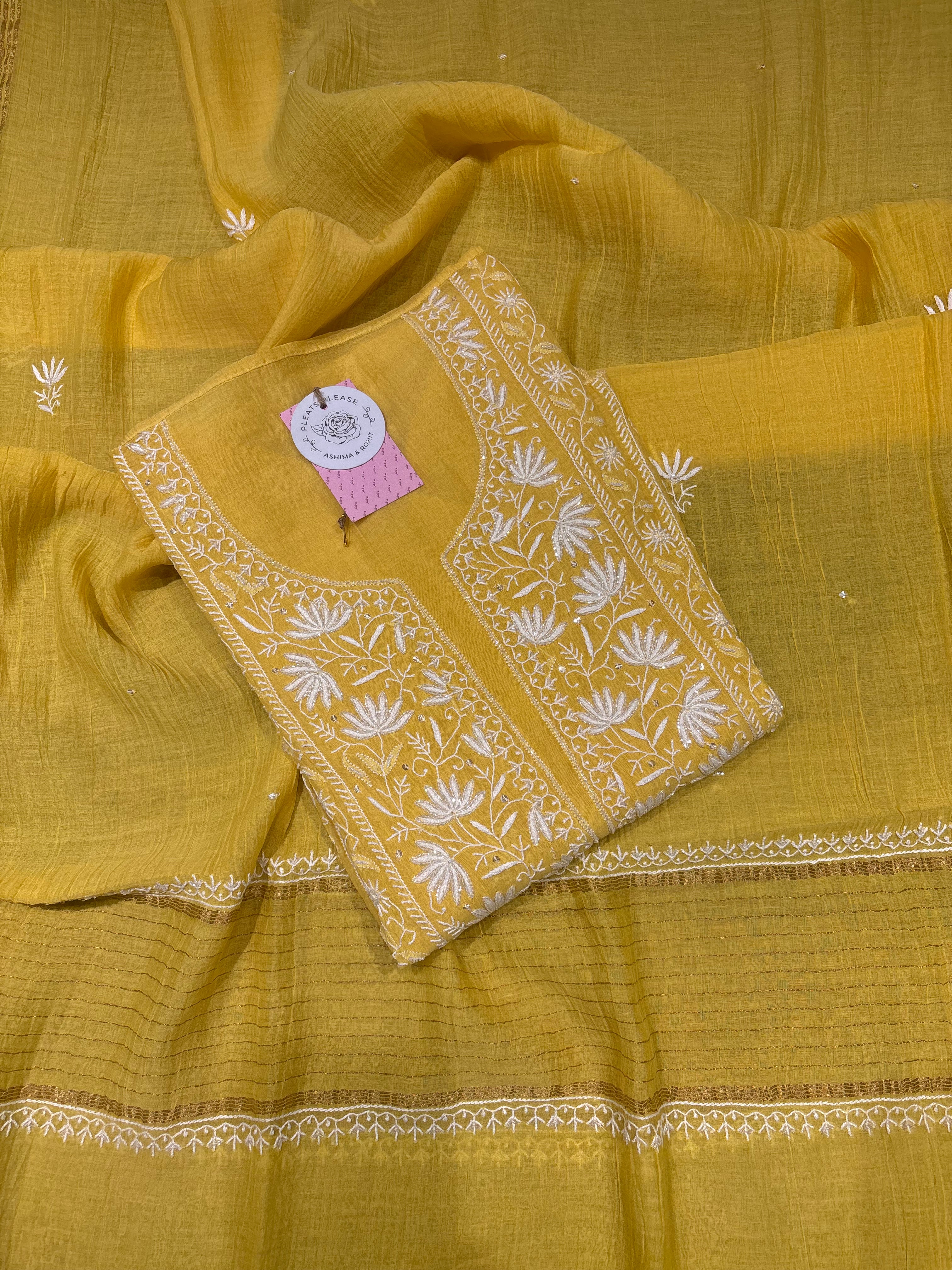 Yellow Chanderi Mul Chikankari Kurta & Dupatta Set