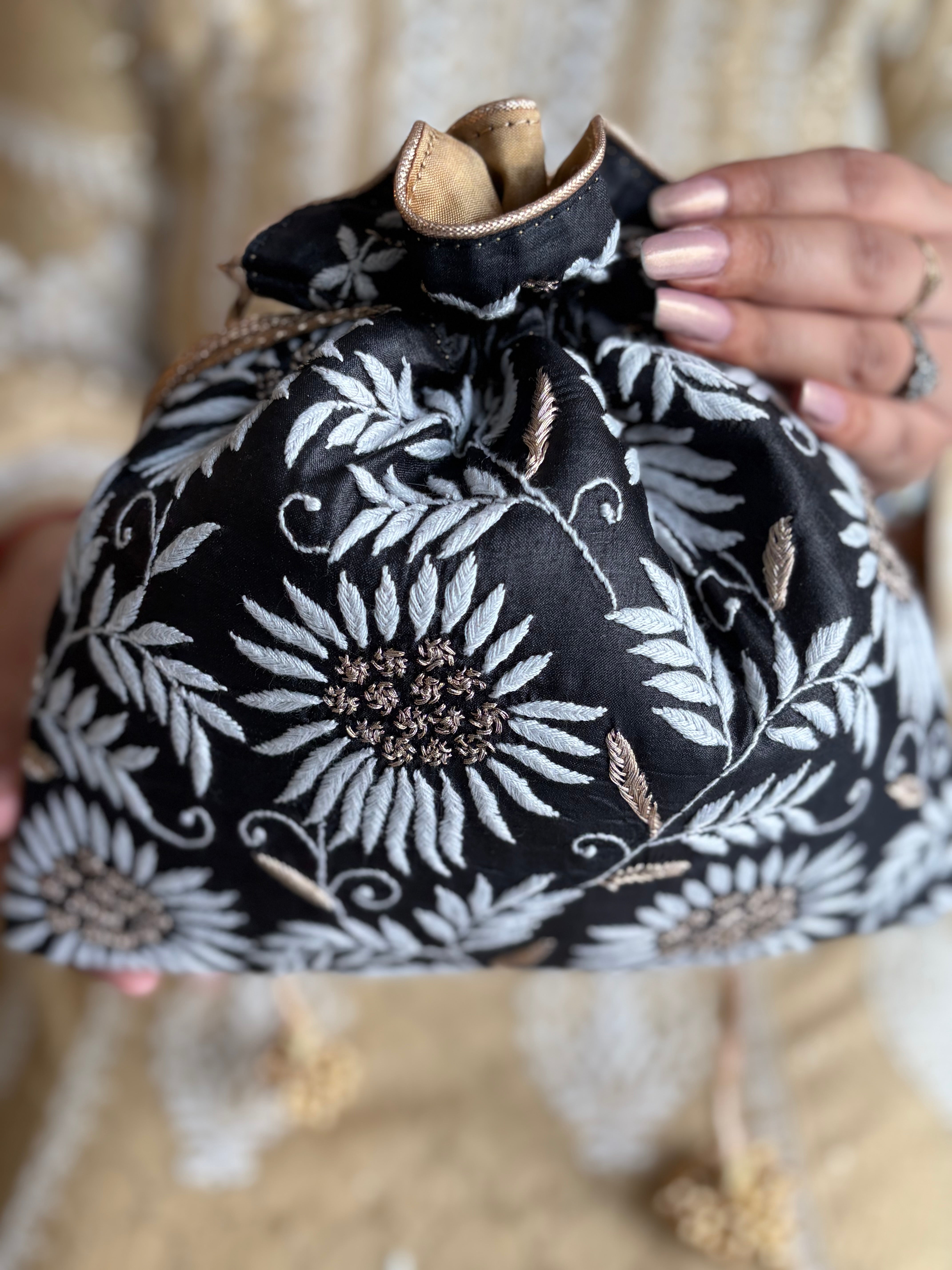 Black Silk Chikankari Potli