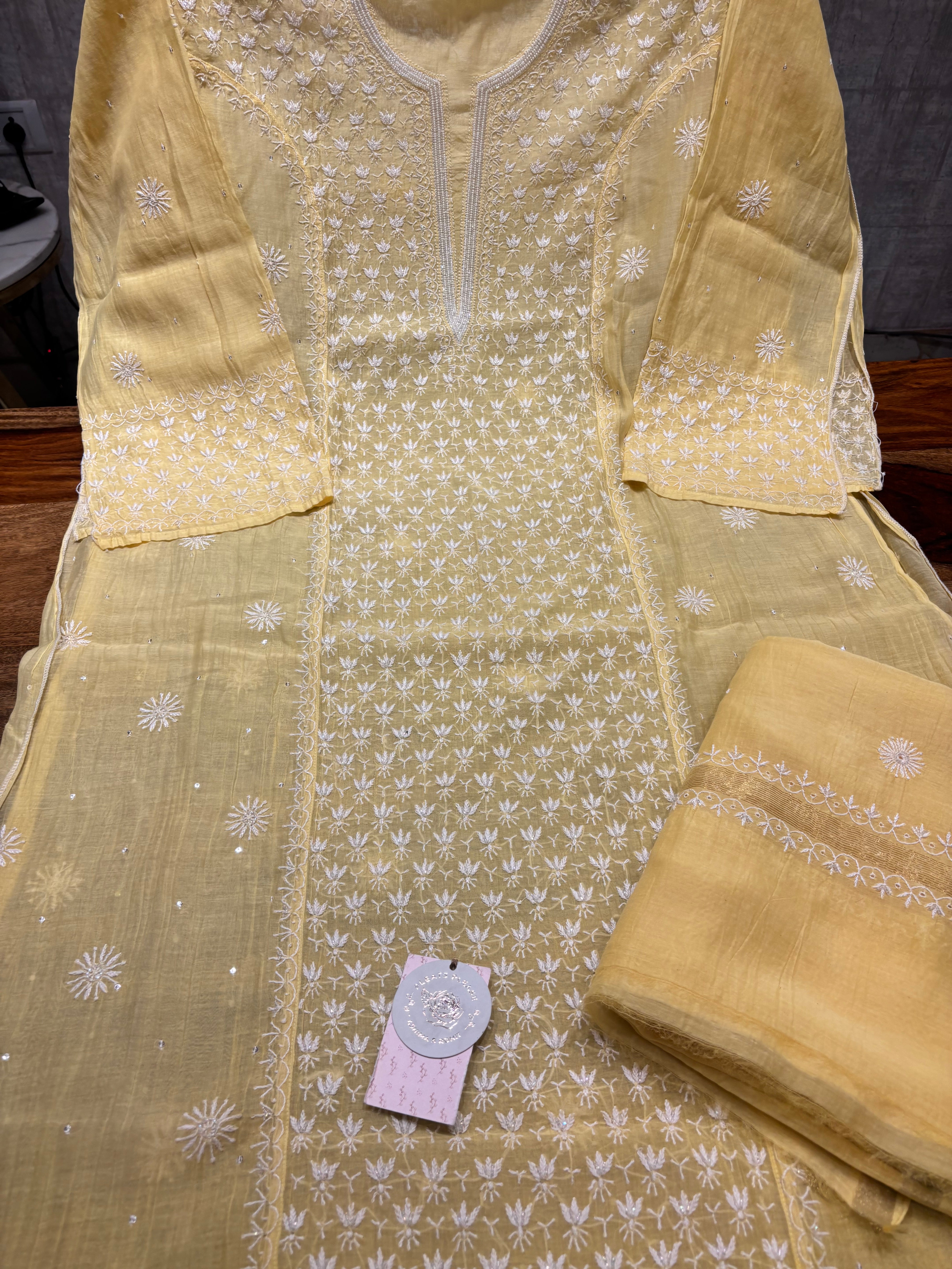 Yellow Chanderi Mul Chikankari Kurta and Dupatta Set