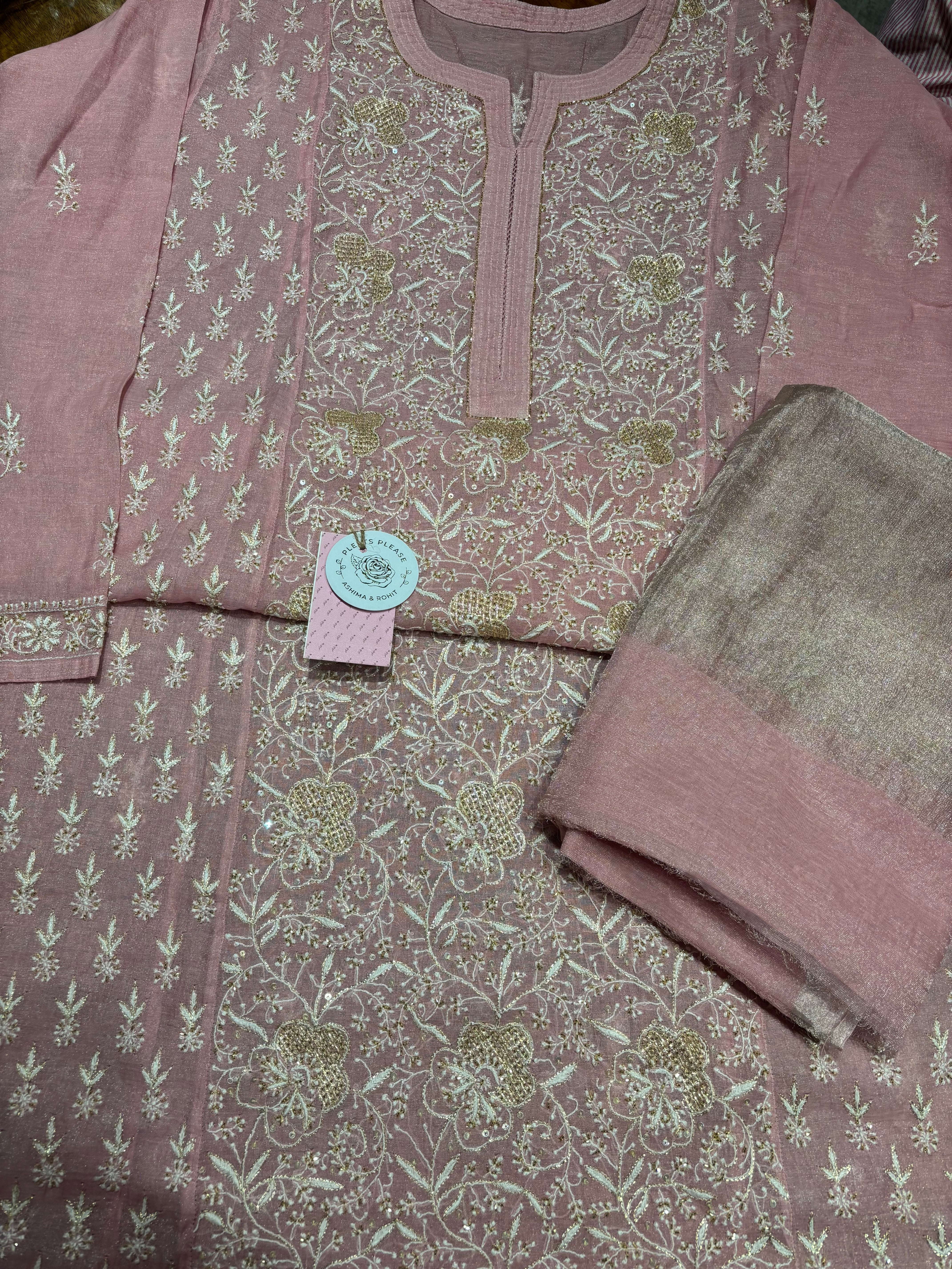 Pink Pure & Premium Tissue Chikankari Kurta & Dupatta Set
