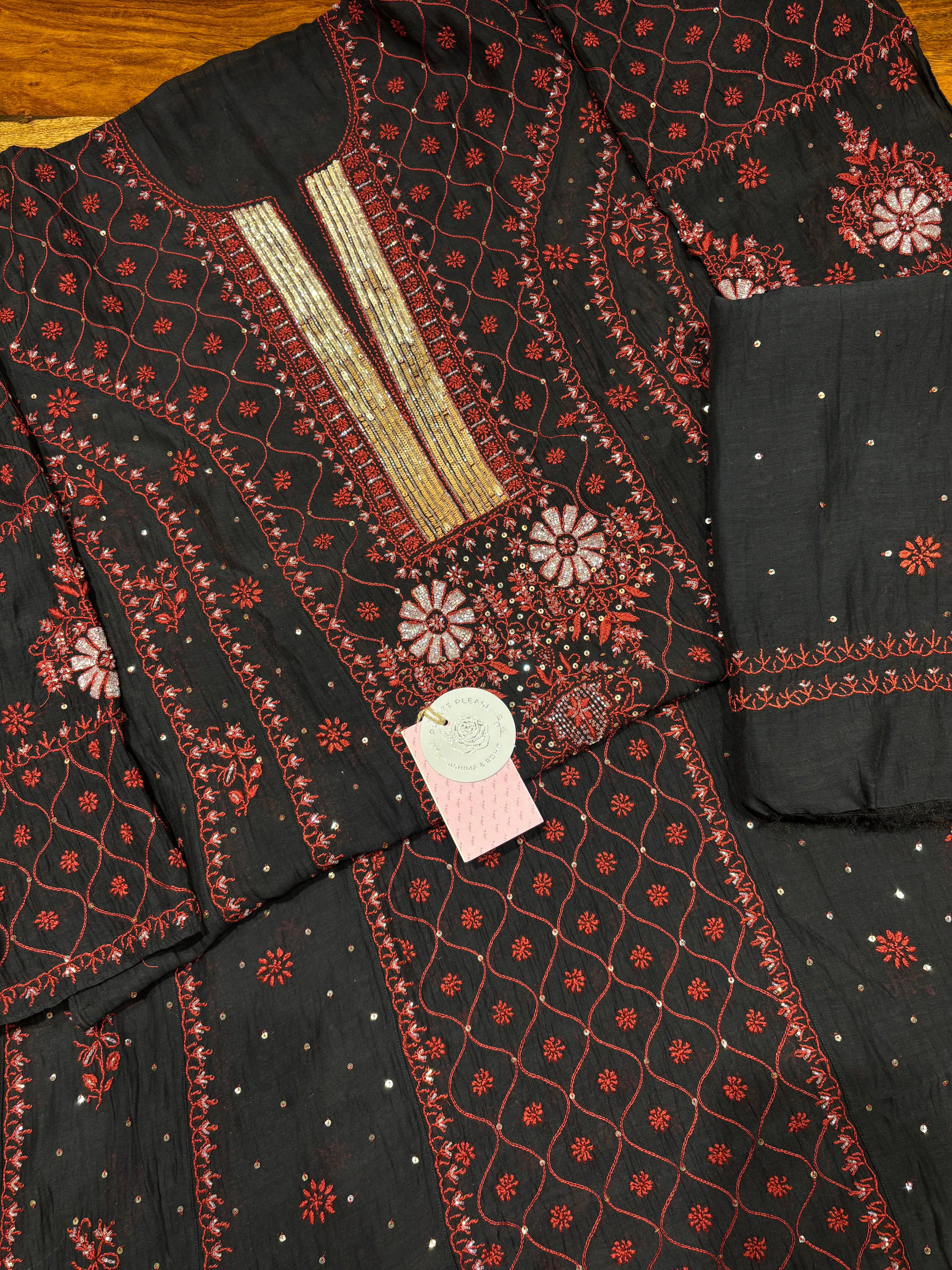 Black Chanderi Mul Chikankari Anarkali & Dupatta Set