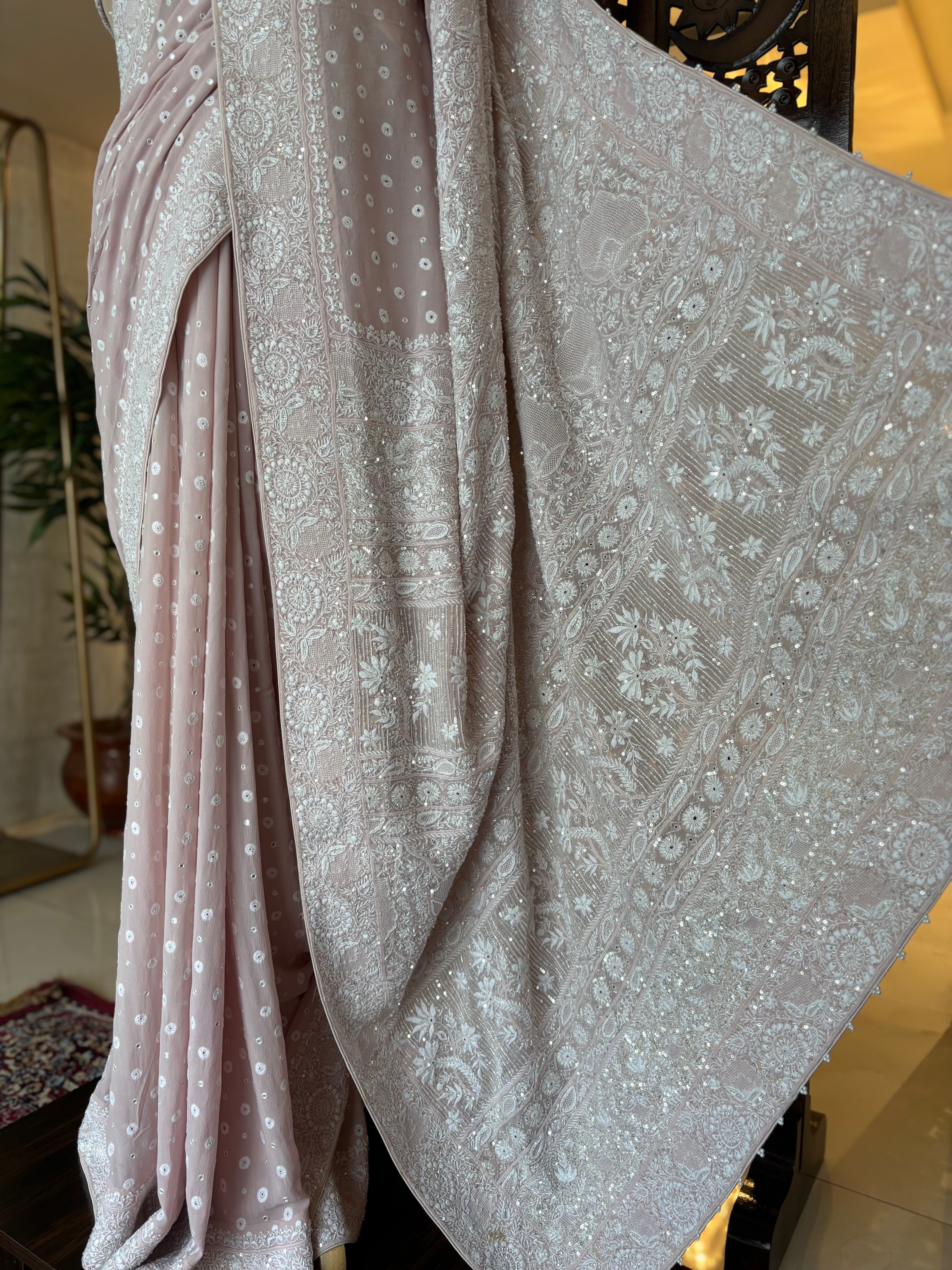 Lilac pure and premium Georgette Saree and Blouse - Pleats PleaseChikankari
