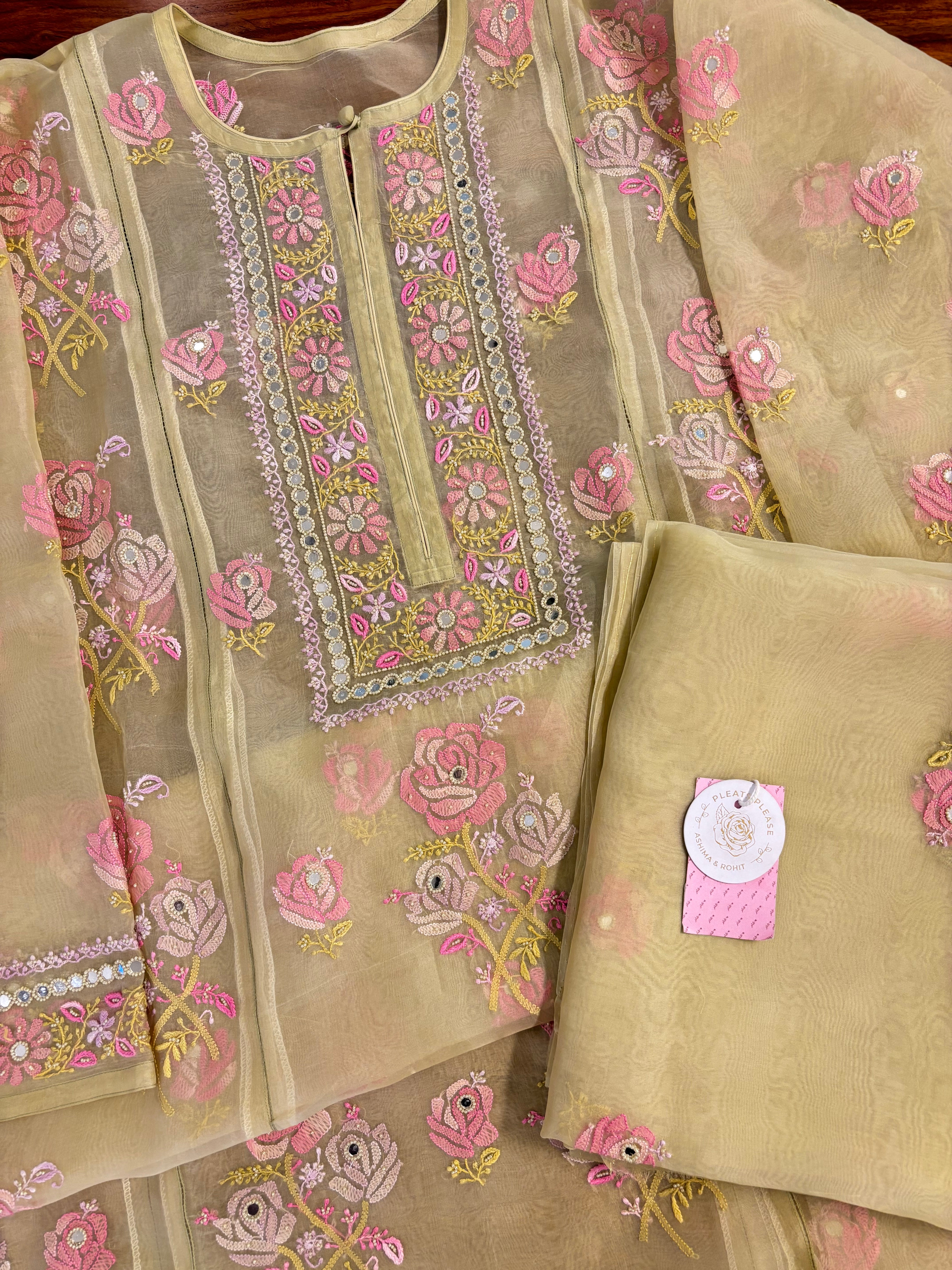 Champagne Gold Pure Organza Silk Chikankari Kurta & Dupatta