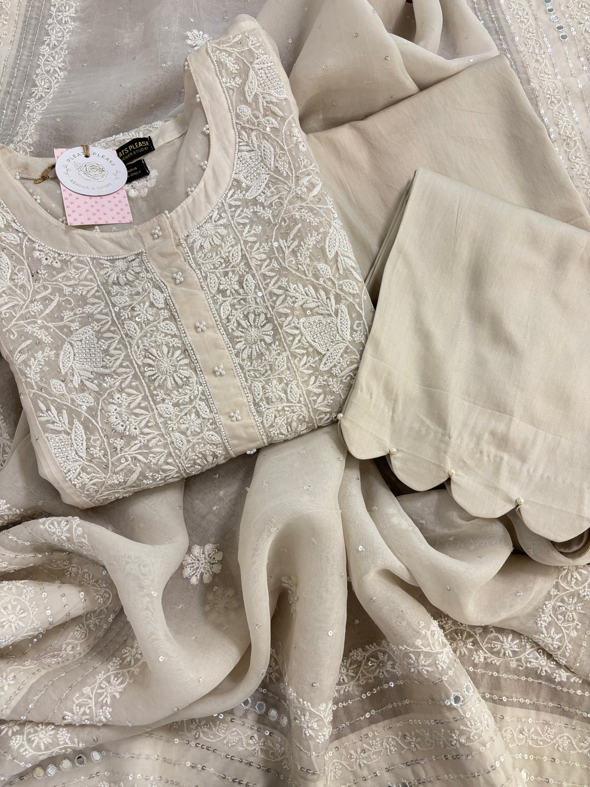 Dyeable Pure Organza Chikankari Kurta, Dupatta With Bottom