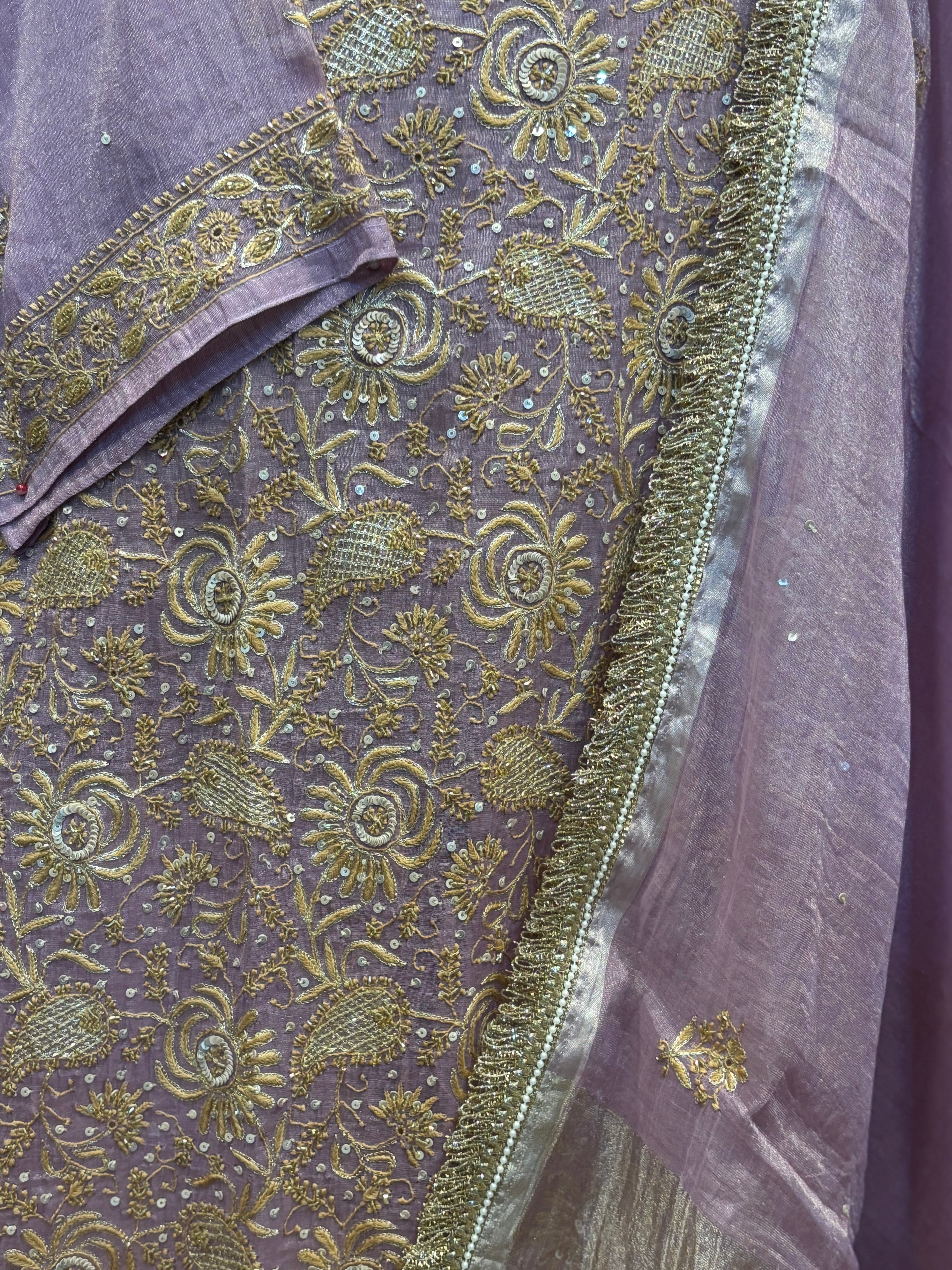 Lavender Pure & Premium Tissue Chikankari Kurta & Dupatta Set