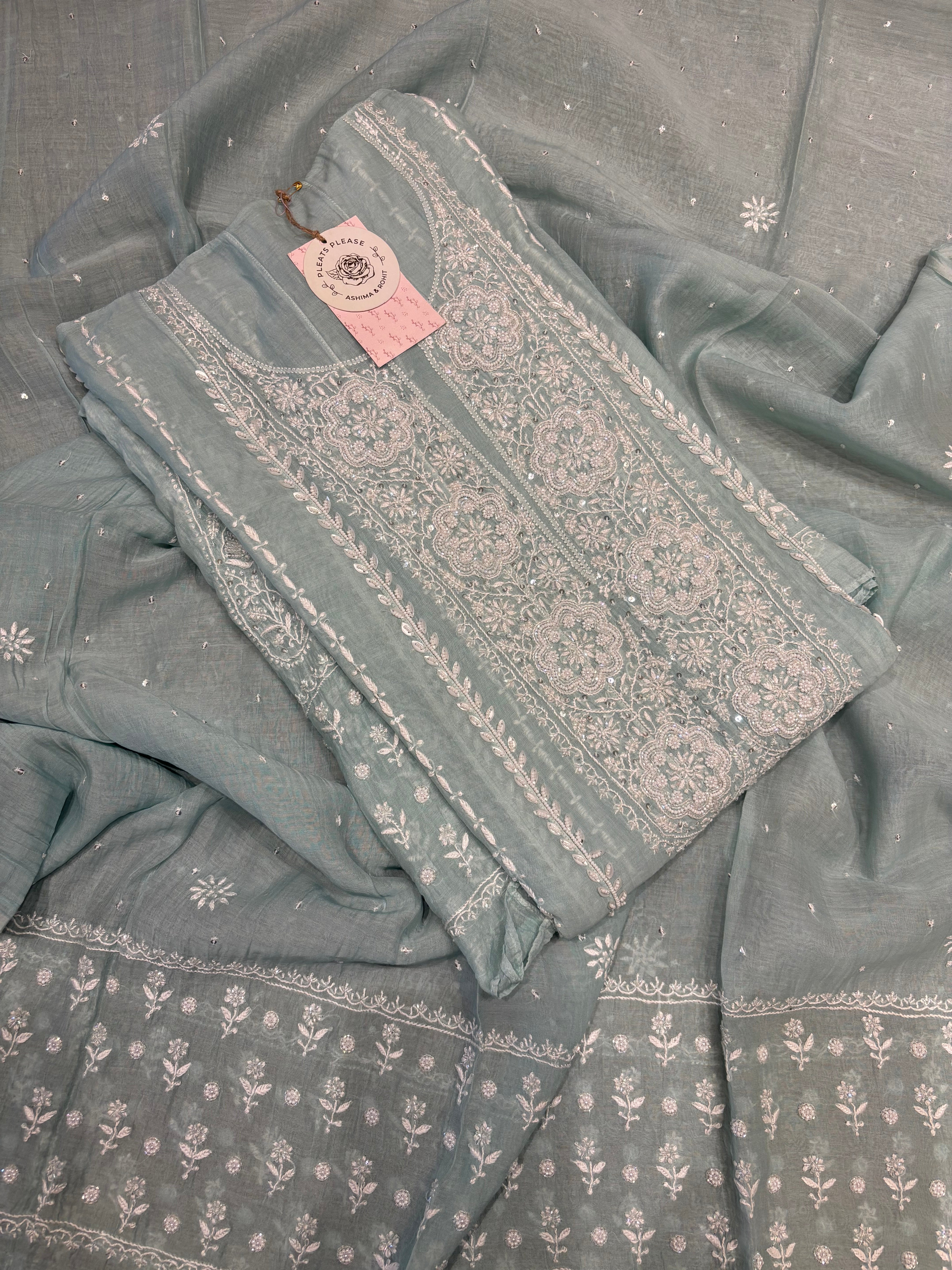 Teal Green Chanderi Mul Chikankari Anarkali Kurta and Dupatta